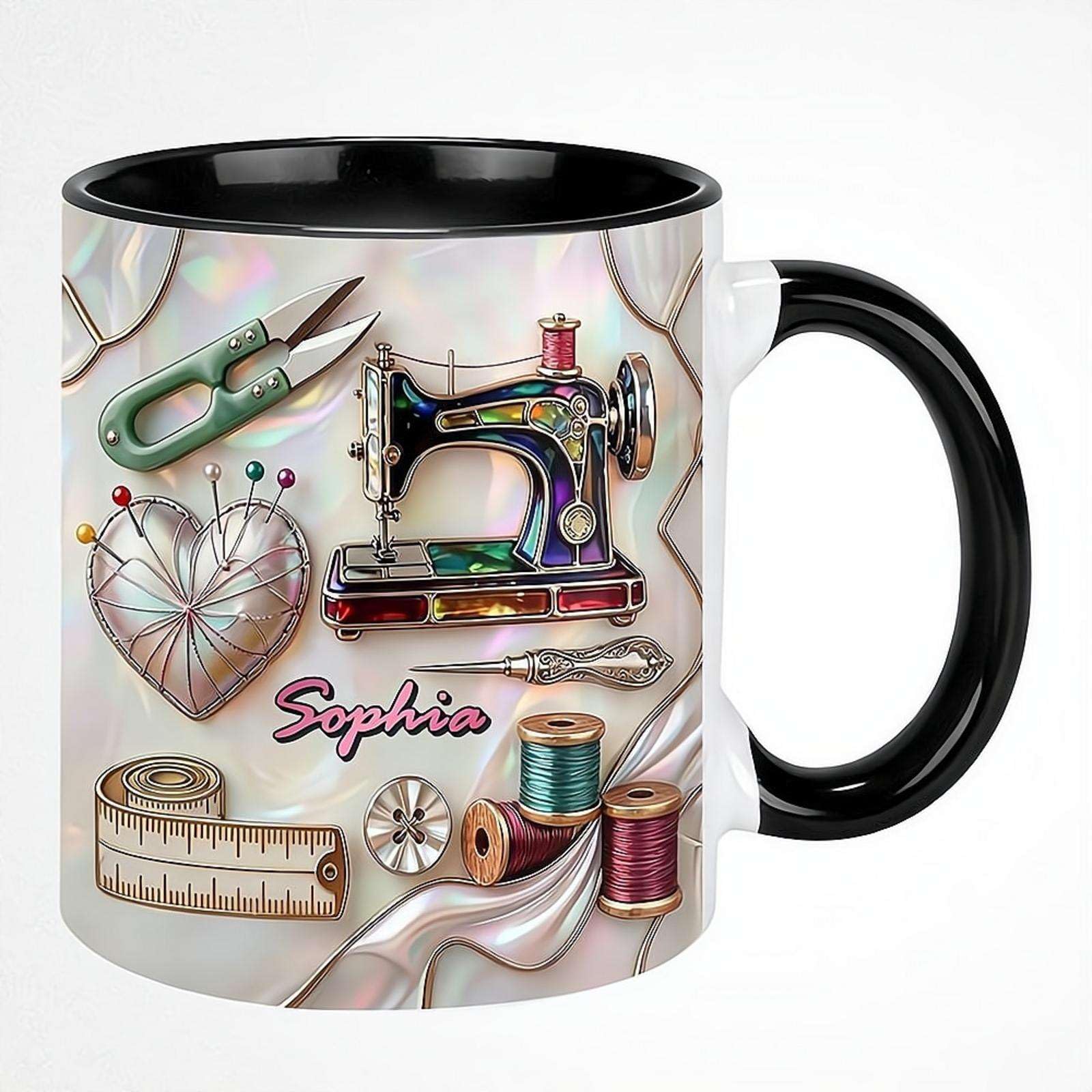 Personalized Ceramic Sewing Coffee Mug with Custom Name, Beautiful Sewing Machine Tea Cups, Novelty Coffee Cup Sewer Cup Gifts for Friend Family, Quilting Enthusiasts,11oz