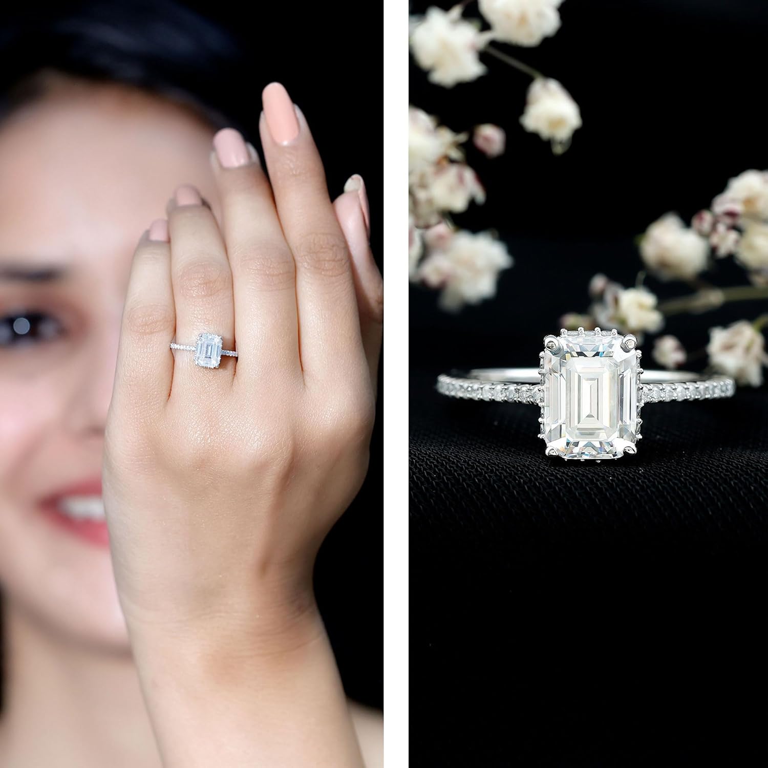 Mothers Day Gift For Mom, Certified 1 Carat Emerald Cut Moissanite Hidden Halo Engagement Ring in Silver, D-Vs1 Quality