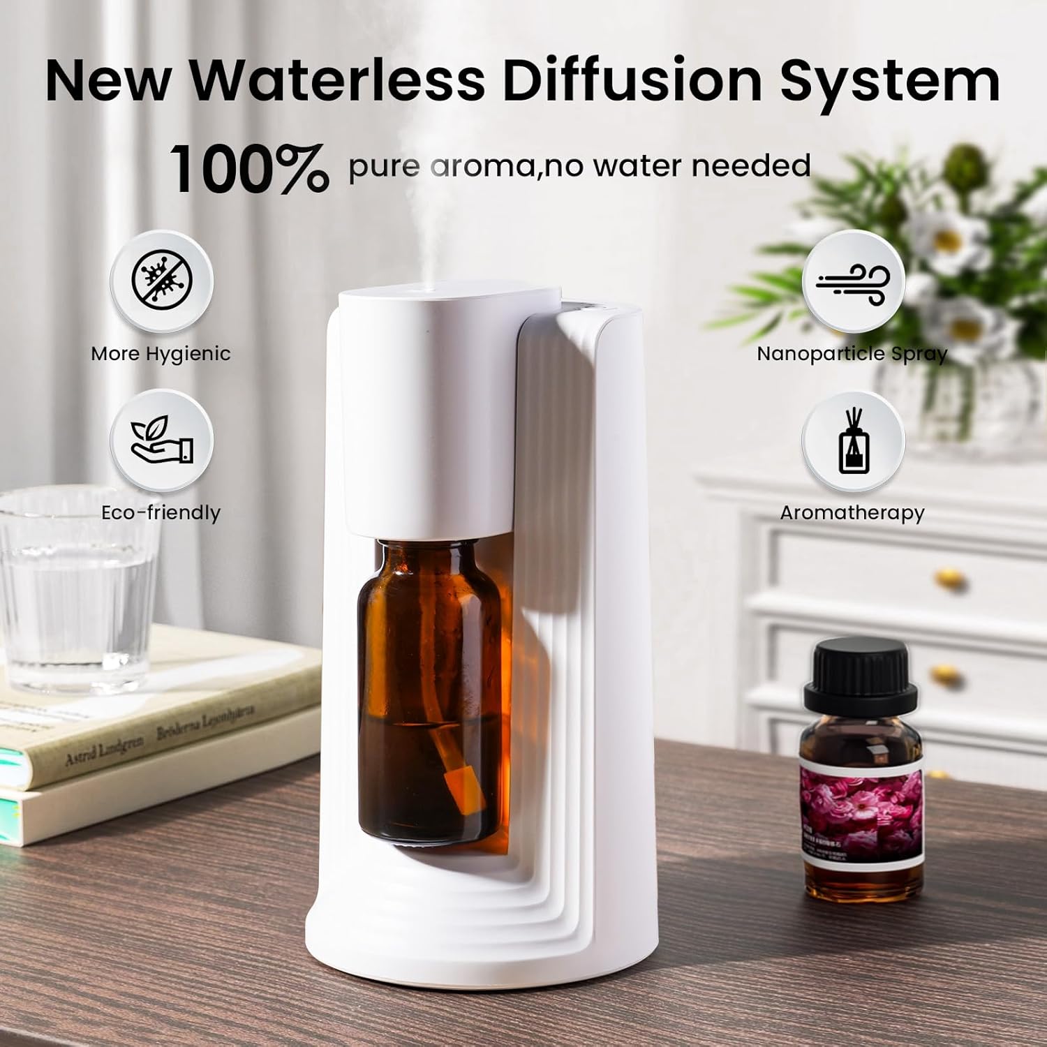 LAMA Waterless Essential Oil Diffuser, Portable Small Mini Scent Air Machine, Quiet Leak-Proof Home Fragrance Aroma Diffuser, USB Air Freshener with 1/2/3H Auto-Off Mode, 3 Mist Levels, White - Image 8
