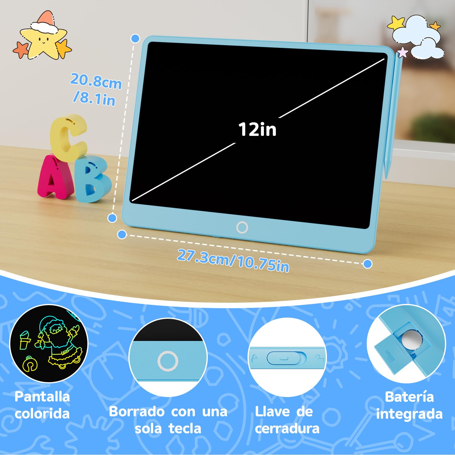 12 Pulgadas Edición Mejorada Tableta de Escritura LCD, Electight Tablero de Dibujo Electrónico Color para Niños con Borrable y Bloqueo, Reutilizable para Hogar, Escuela, Oficina (Azul) - 4
