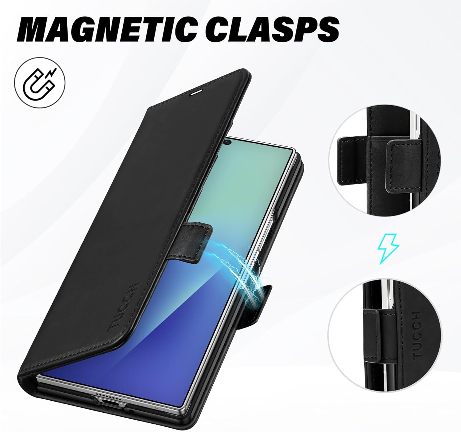 TUCCH Wallet Case Compatible with Galaxy Z Fold7 (8.0") 2025 Black, RFID Blocking | 4 Card Holder | Kickstand | Shockproof PC Shell | PU Leather | Magnetic Closure | Protective Flip Cover