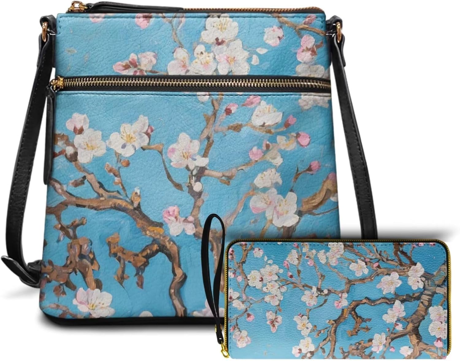 Starry Night Crossbody Bag for Women Oil Painting Artwork Leather Multi Pocket Shoulder Purses with Wristlet Wallet