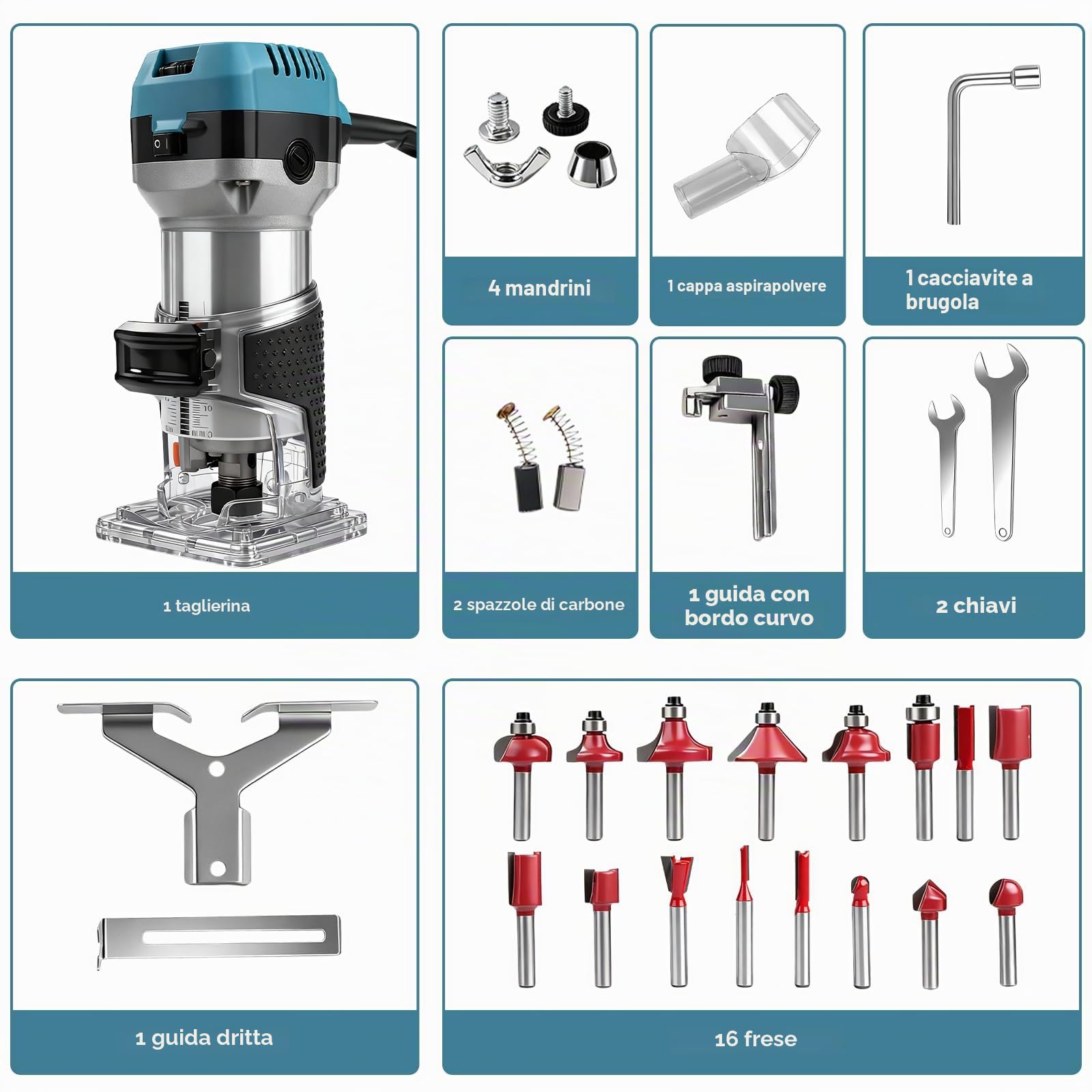 Fresa per legno, fresa superiore, 1000 W, fresatrice per bordi con una sola mano, fresa per bordi superiore, 6 velocità variabili, fresa multifunzione con set di frese da 16 pezzi e tasca per attrezzi