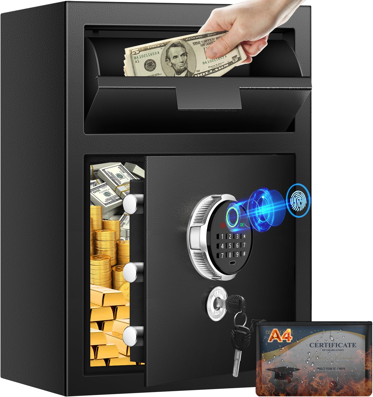 Photo 1 of 2.8 Cuft Biometric Drop Safe for Business, Anti-Theft Fingerprint Safe Box with Quick Place Drop Slot, Digital Keypad and Spare Key, Depository Safe for Home Office Retail Store Business Mail Church