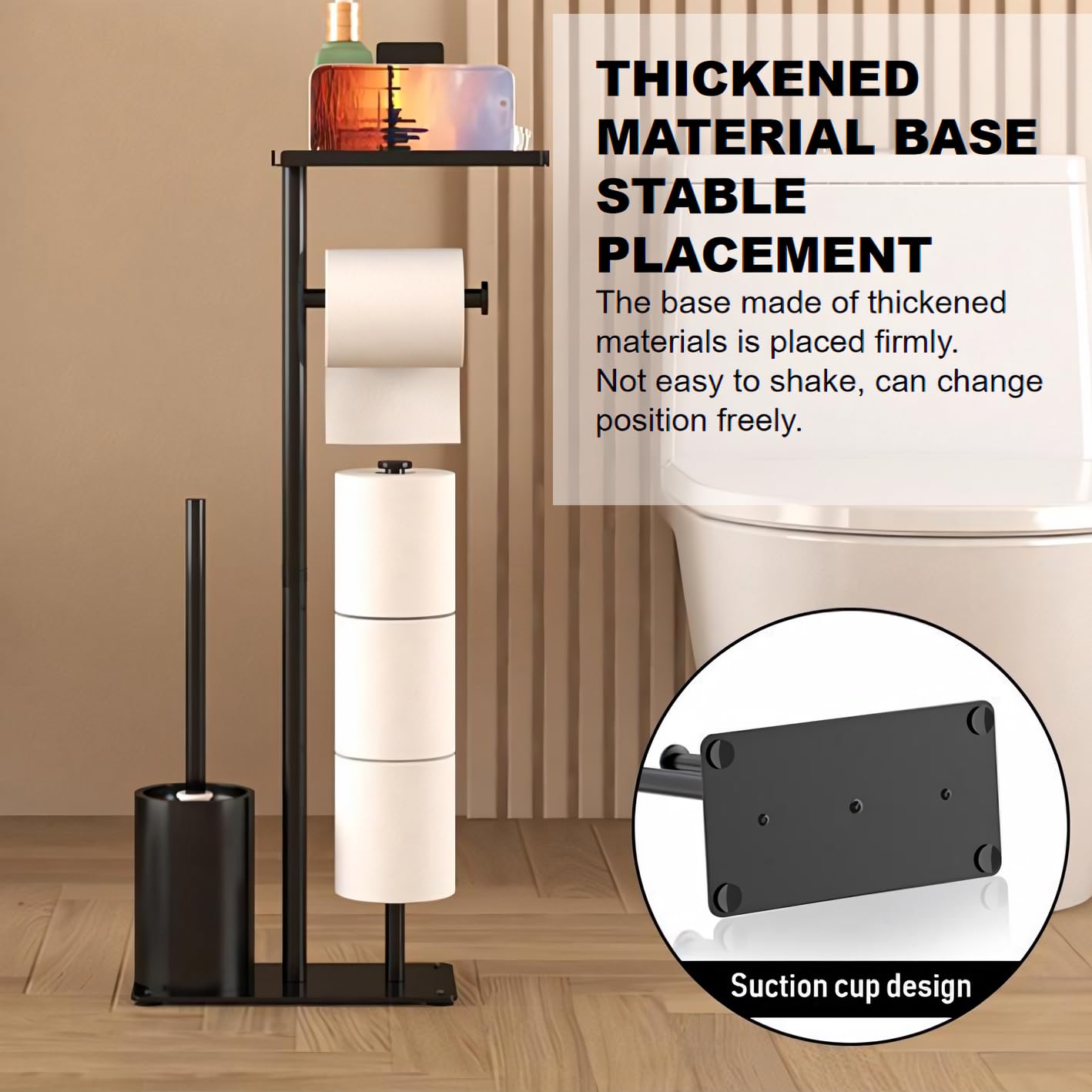 Toilet Brushes & Holders,Free Standing Toilet Roll Holder with Brush and Wipes or Phone Shelf for Wet Wipes,Bathroom Accessories Tissue Holders,Loo Roll Holder Free Standing Holds 4 Rolls (Black) - Image 4