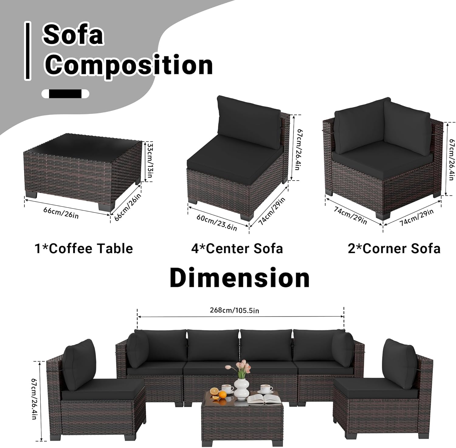 CHABATREE 7pcs Outdoor Patio Furniture Sets,Rattan Conversation Sectional Set,Manual Weaving Wicker Patio Sofa with Tea Table