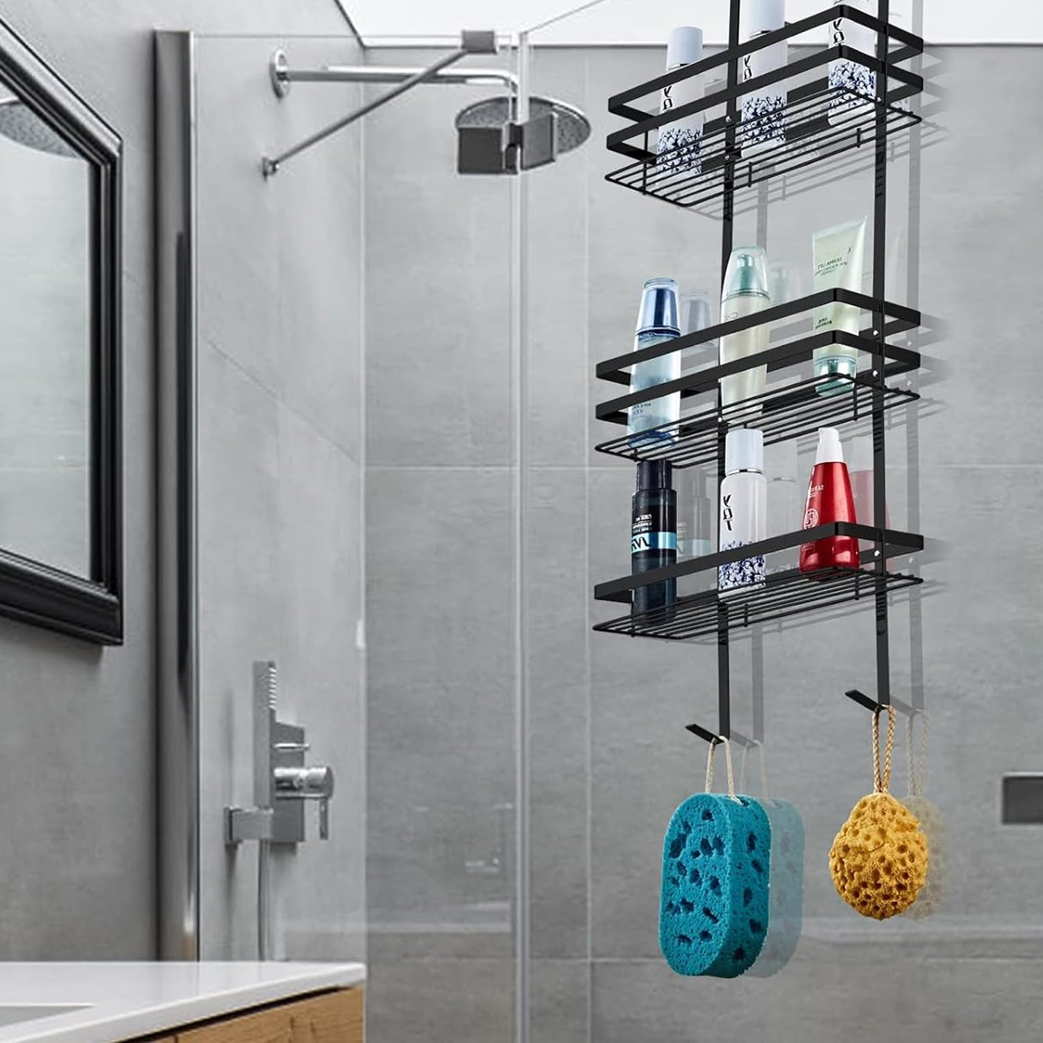 Avilia Estantería Rectangular de baño con 3 estantes – Estantería para Ducha de Pared con 3 estantes, de Acero, 24 x 50 x 11 cm, Negro