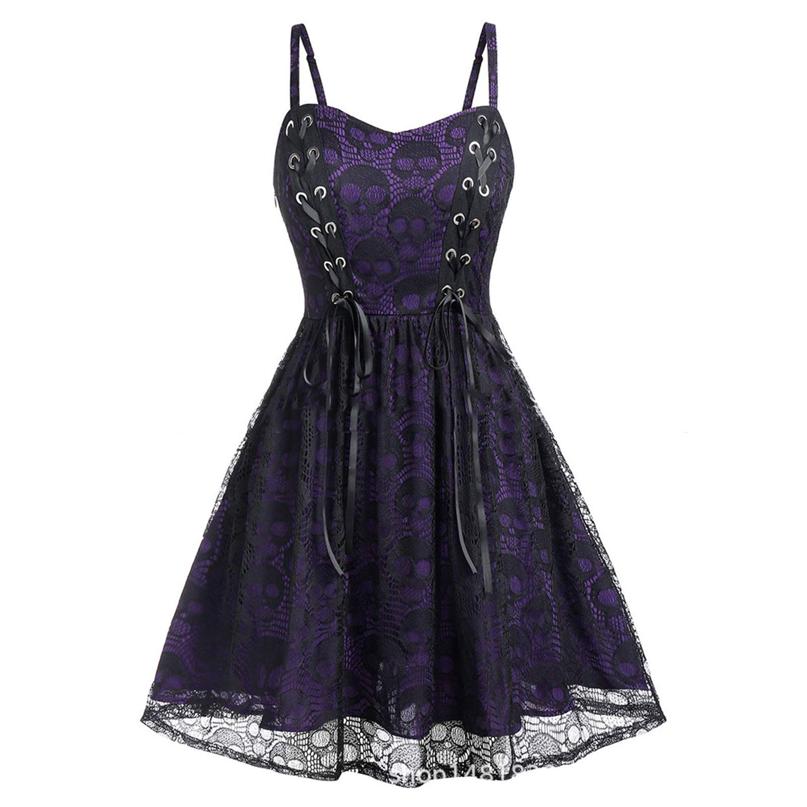 oneforus Womens Gothic Punk Vintage Lace Skull Suspender Dress Halloween Dress Purple