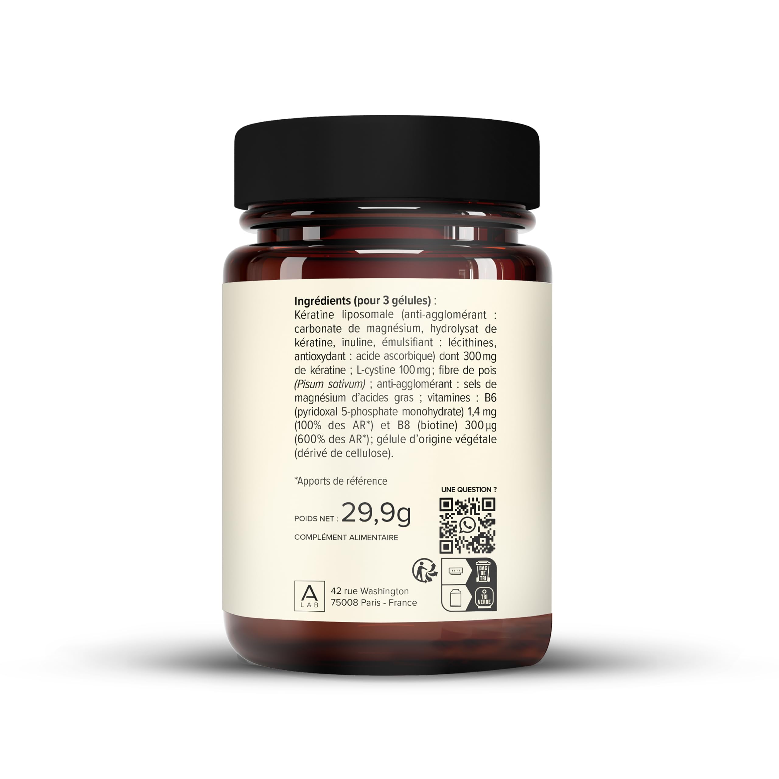 Keratine Liposomale 300mg - Cheveux, Ongles, Peau - Biotine, Vitamine B6, L-Cystine - A-Lab - 1 à 3 Gélules Par Jour