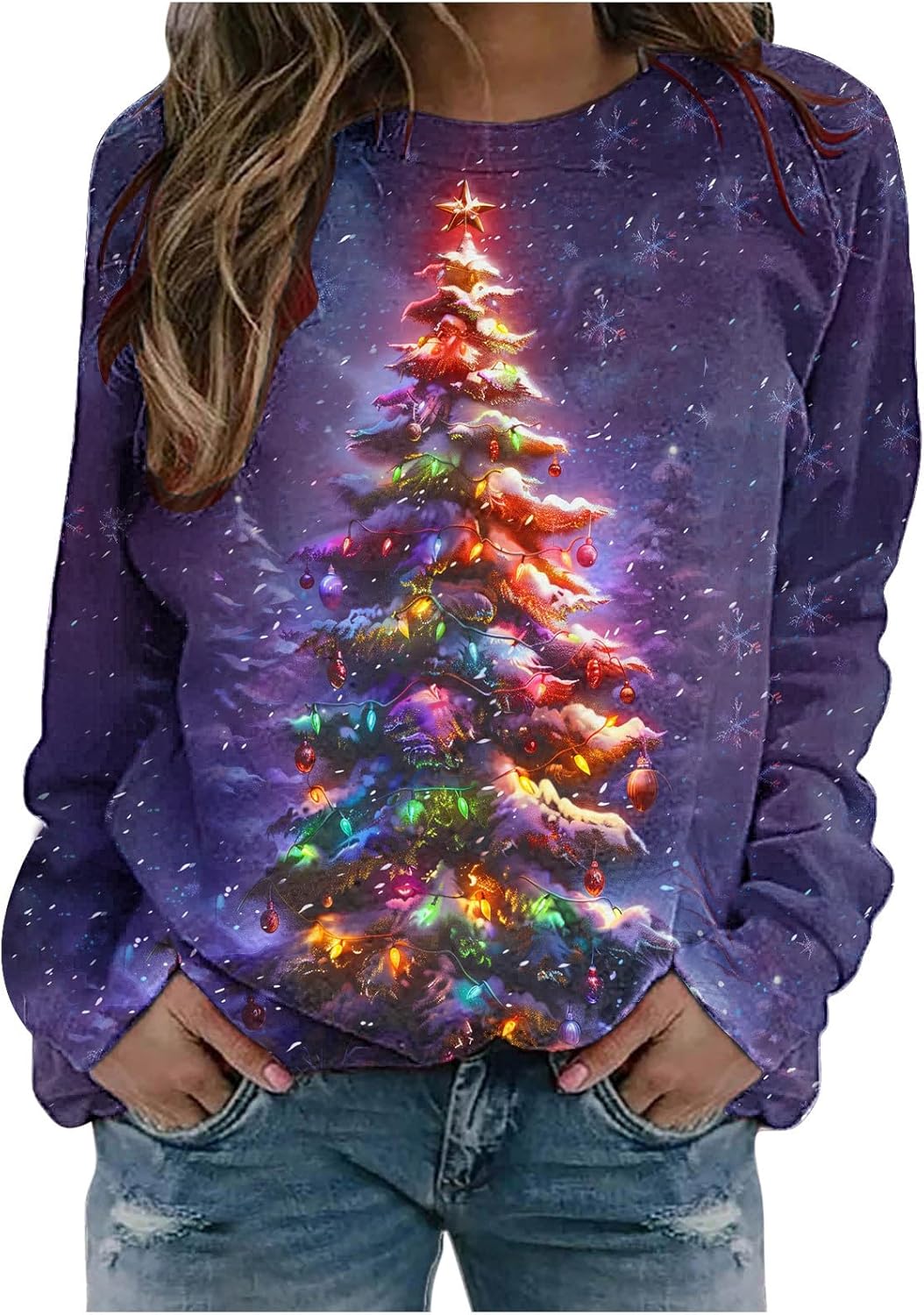 Christmas Sweatshirts for Women Cute Glitter Xmas Tree Graphic Pullover Top Long Sleeve Crewneck Casual Holiday Shirt A05 Multicolor 5X-Large - Image 1 of 6