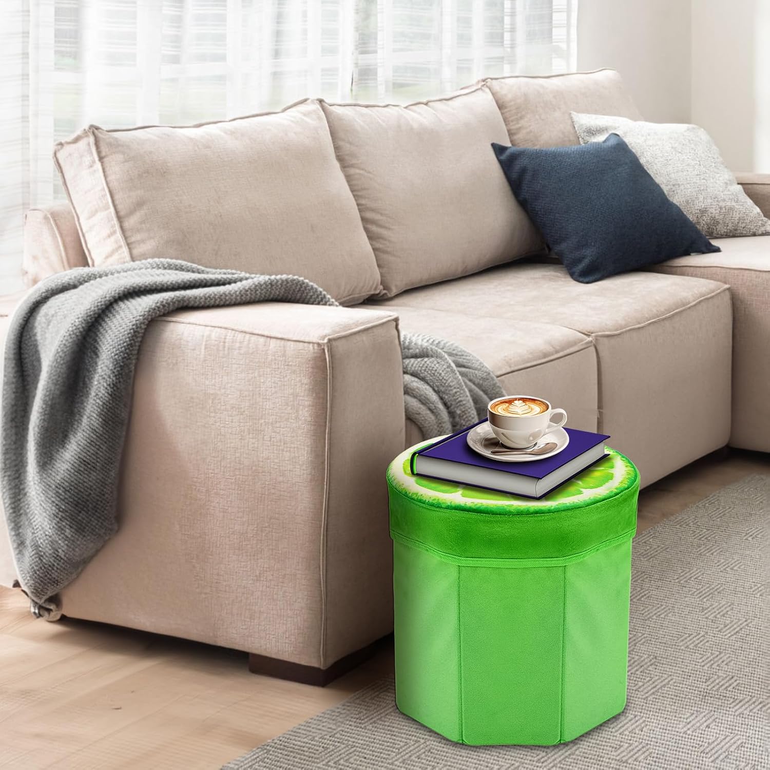 Covzoe 3 Pack Fruit Storage Stool, 12 x 12 Inch Foldable Stool Ottoman with Foam Cushion, Collapsible Storage Seat Chest, Creative Organizer Stools Box for Patio Foot Rest