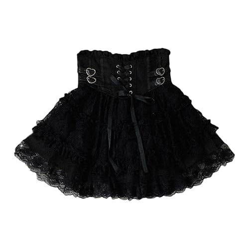 Cuteighteen Lolita Ruffle Short Skirt Women Teens Japanese Y2k Kawaii Elastic High Waisted Lace Up Tiered Flowy Cute Skirts - One Size - Black