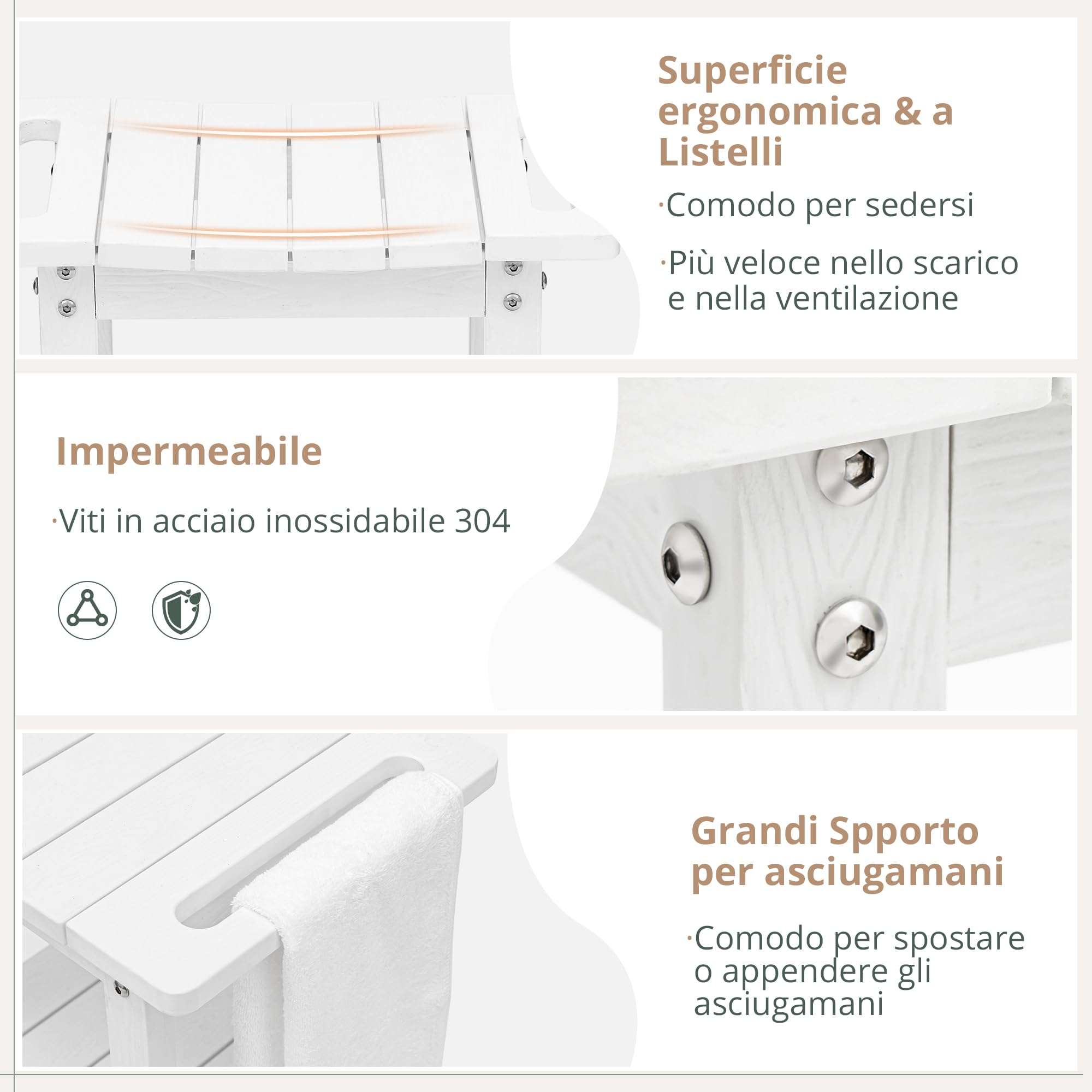 LUE BONA Sgabello da Doccia in HDPS, Sedia da Bagno Impermeabile con Ripiano, Seduta Antiscivolo per Doccia, Resistente alle Intemperie per Interni ed Esterni, Bianco