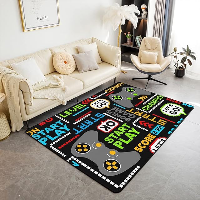 Gaming Area Rug 100x150cm,Gamer Rug for Boys Girls Kids Teens Non Shedding,Colorful Game Themed Carpet Home Room Decor,Gradient Game Controller Area Rugs for Bedroom Living Room