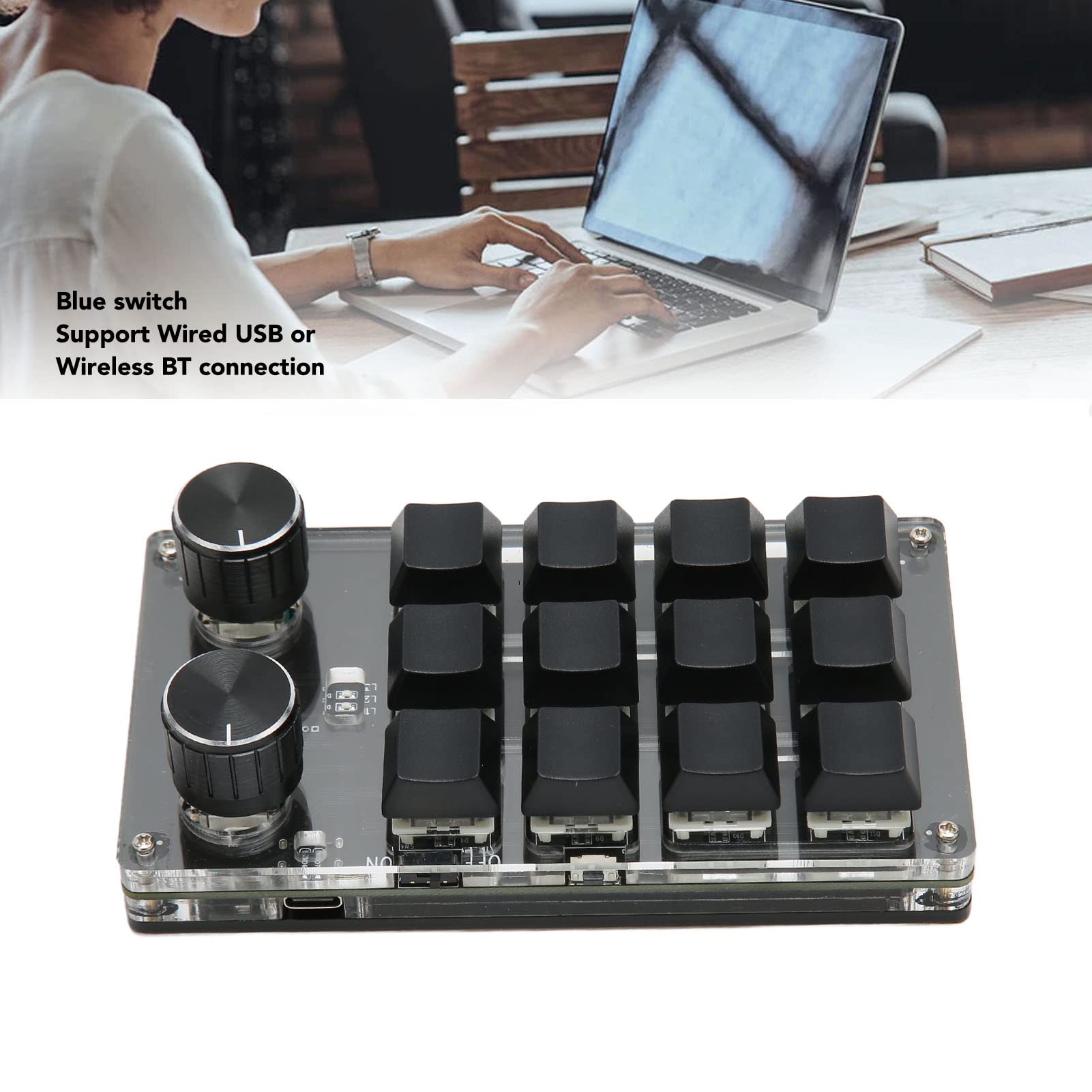 Midi Controller, 12 Keys 2 Knobs Macro Pad Usb Or Bt Connection Blue Switch 1200mah Lithium Ion Battery Programmable Keypad for Gaming Office Media (Black) - Image 9
