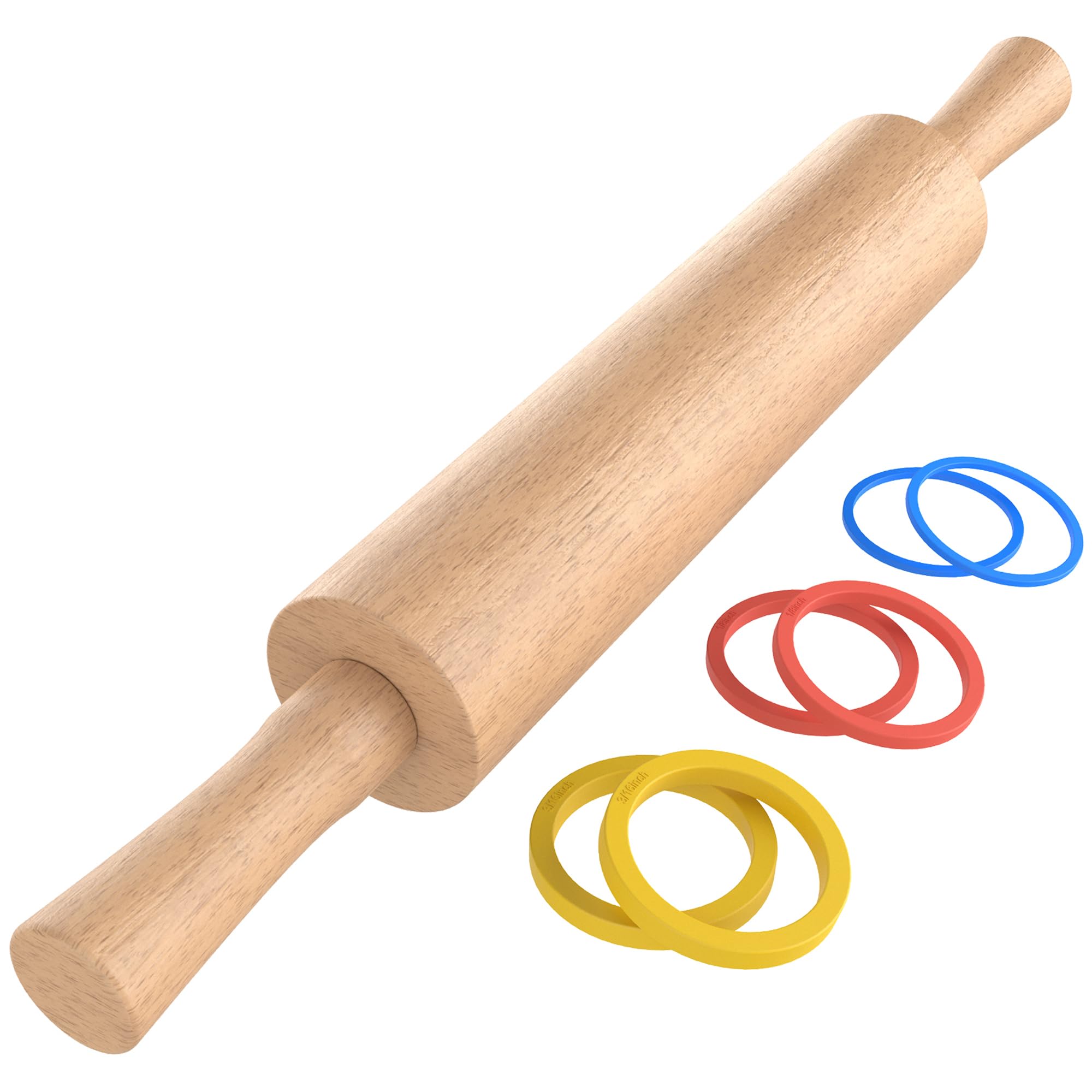 Mepple Classic Wooden Rolling Pin with Handle for Fondant, Pizza, Pies, Cookies, Pastries, Rolling Pin for Baking with 3 Multi-Color Thickness Rings, 17