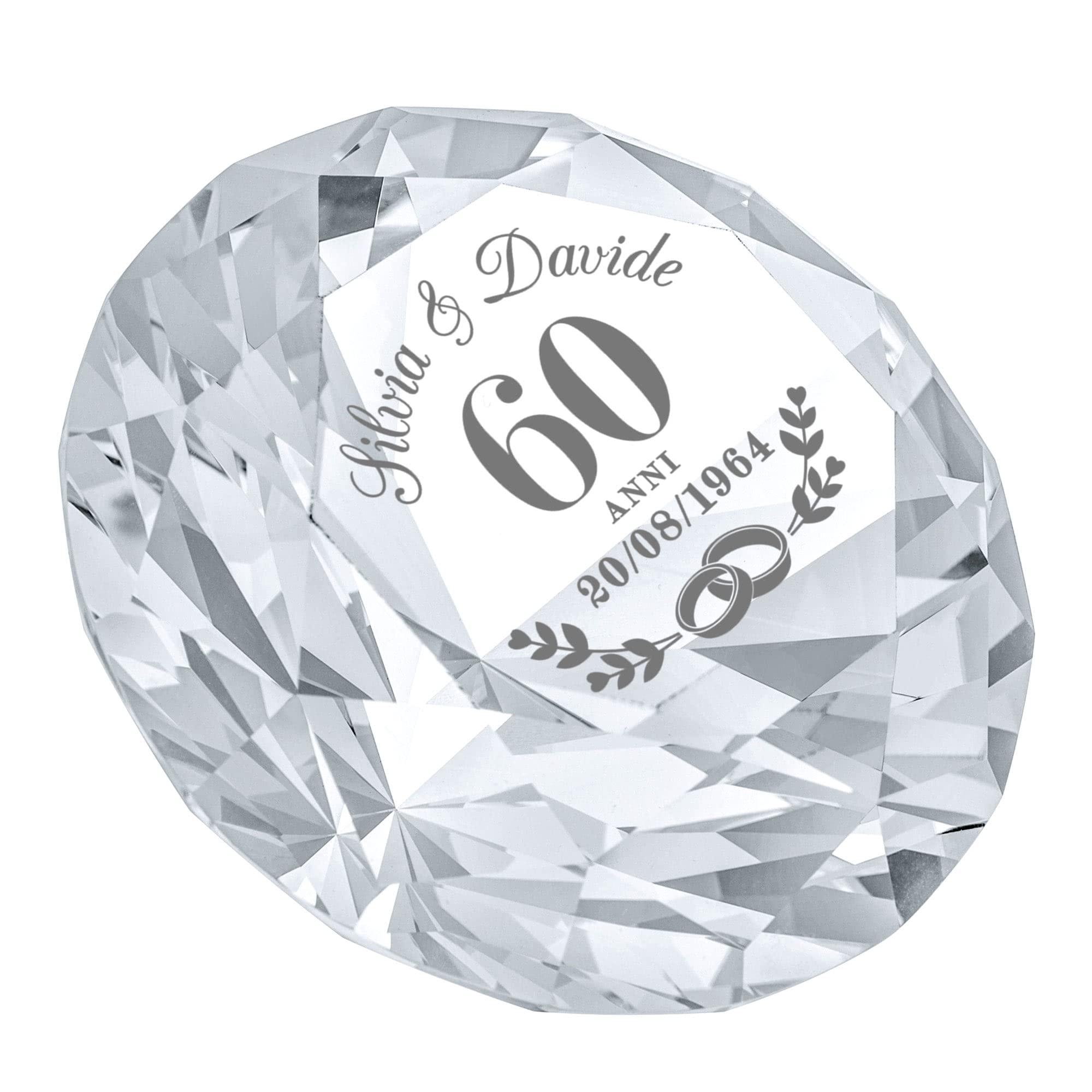Casa Vivente Cristallo in Vetro a Forma di Diamante, Incisione Personalizzata 60° Anniversario di Nozze con Nomi e Data, Accessori Decorativi Casa