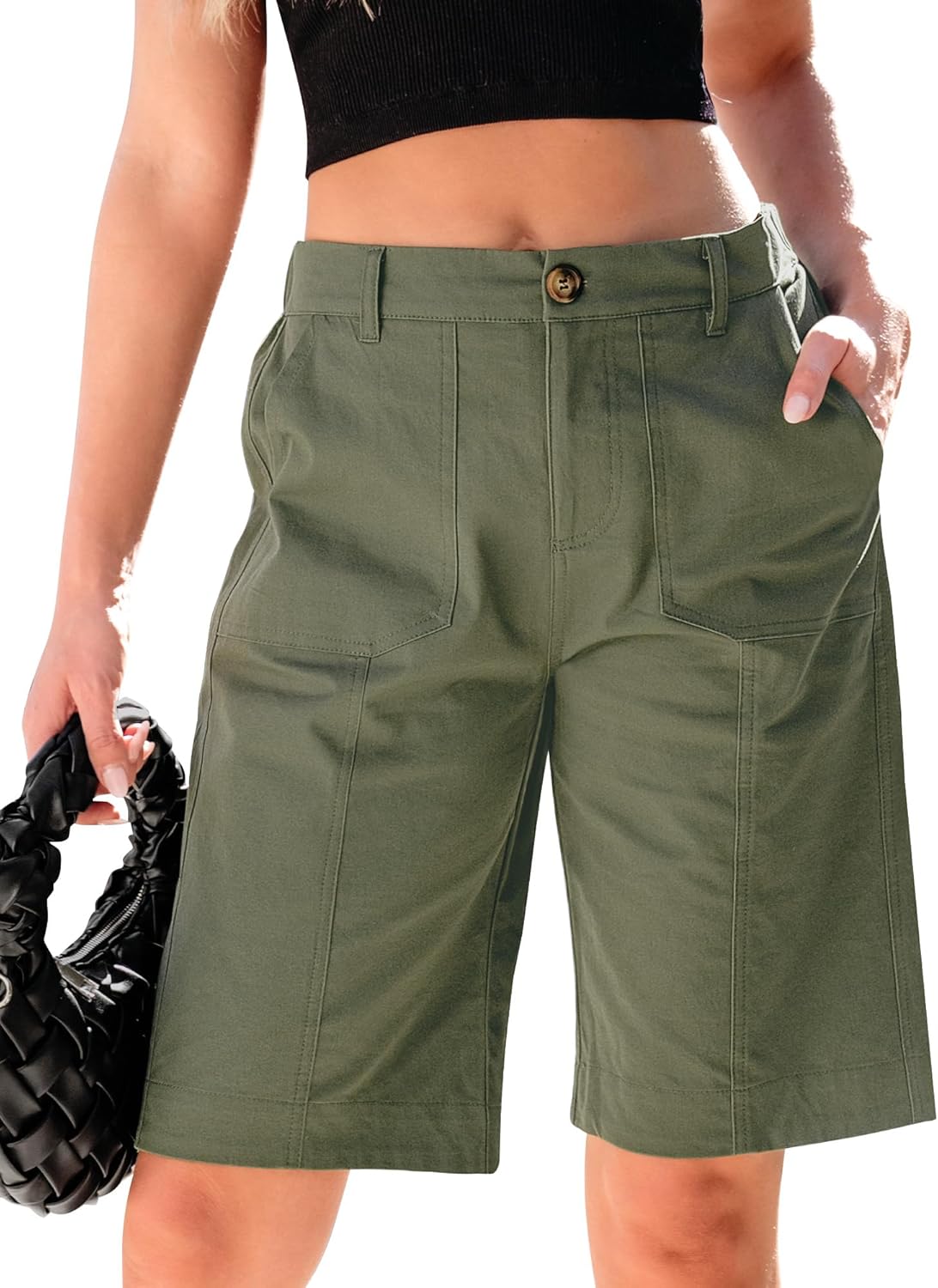 luvamia Bermuda Shorts for Women Knee Length High Waisted Cotton Elastic Waist Summer Dressy Casual Long Chino Shorts