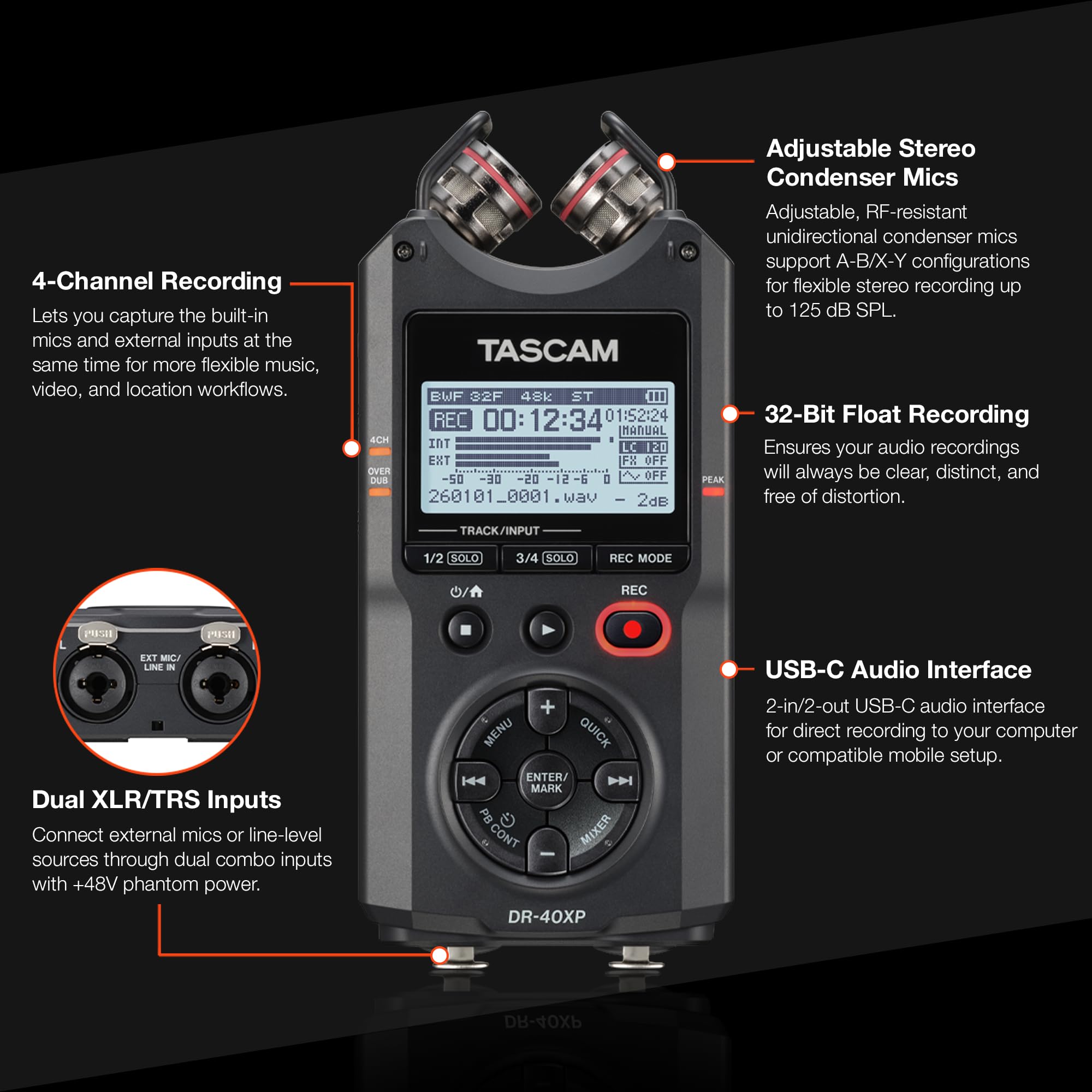 TASCAM DR-40XP Enregistreur de terrain portable 4 canaux 32 bits virgule flottante et interface audio USB-C — avec 2 entrées XLR/TRS et microphones réglables pour la musique, l'audio pour la vidéo et