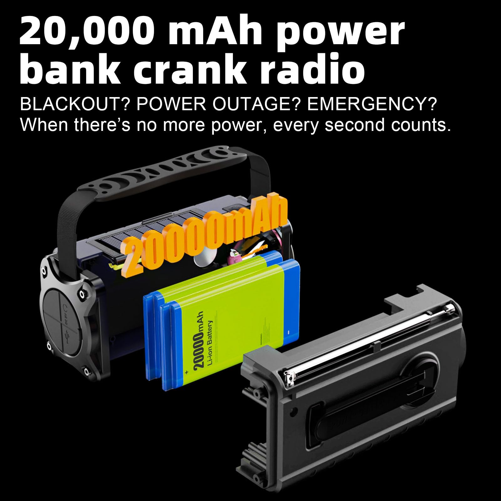 SOLARBABY Dab+/FM Radio Solaire d’Urgence, Radio à Manivelle avec 20000mAh Power Bank, Radio Solaire Dynamo avec Lampe Torche Lampe de Lecture Alarme SOS USB pour Randonnée Camping Extérieur, Noir