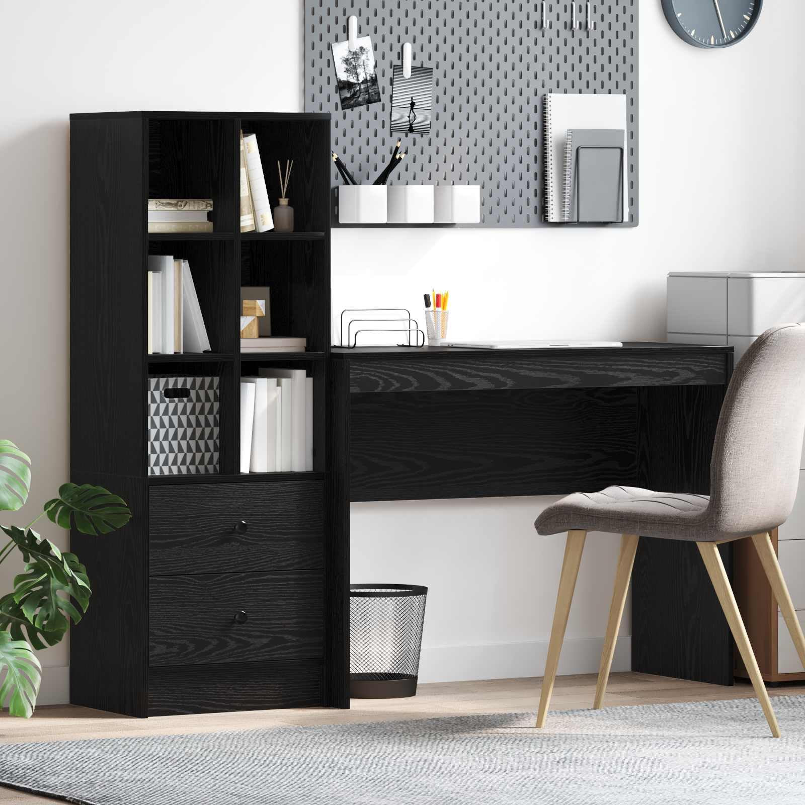Juego de 2 escritorios con cajones, aspecto de roble negro, gran superficie de trabajo, mesa de madera, 6 estantes, para oficina en casa, espacio de almacenamiento para ordenador portátil