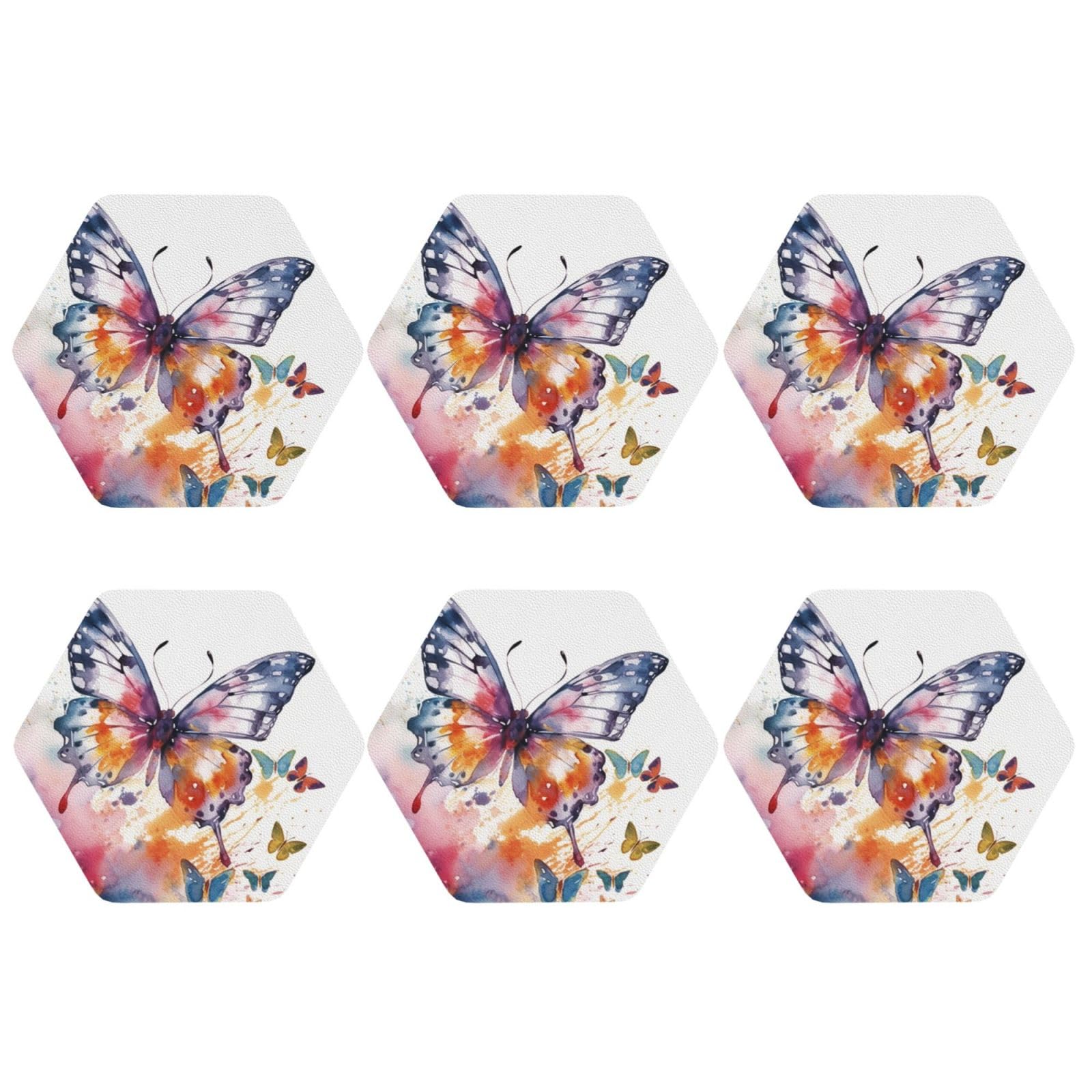 6pcs Leather Coasters for Drinks, Watercolor Butterfly Drink Coasters for Tabletop Protection, 4" Cup Coasters for Coffee Table Decor, Non-Slip Drinking Cup Mat for Hot Or Cold Drink