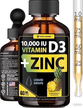 Vita Guard Vitamin D3 Drops with Zinc 10,000 IU D3 & 15 mg Zinc Liquid Supplement Immune Support for Men & Women Sugar-Free Pineapple Flavor 30-Day Supply