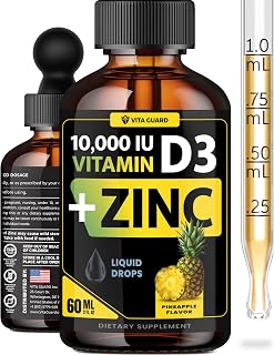 Vita Guard Vitamin D3 Drops with Zinc – 10,000 IU D3 & 15 mg Zinc Liquid Supplement – Immune Support for Men & Women – Sugar-Free Pineapple Flavor – 30-Day Supply