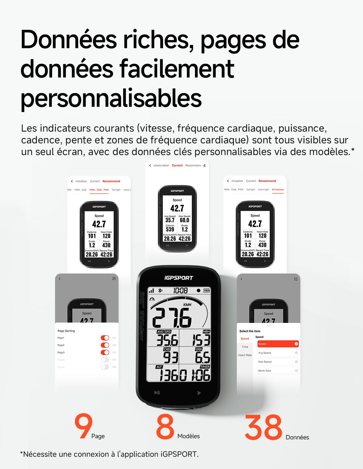 iGPSPORT BSC100MAX Compteur Velo sans Fil, Écran 3" Grand Démarrage/Arrêt Automatique 40H d'Autonomie Données Personnalisables IPX7 Étanche Compteur Velo GPS