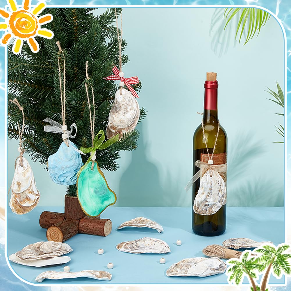 PH PandaHall 16pz Decorazioni Conchiglie Ostrica Piatte con Fori, 11.5~17.5cm Conchiglia Marina Naturale con Perline di Legno e Corda di Iuta per Decorazione Casa Costiera Spiaggia