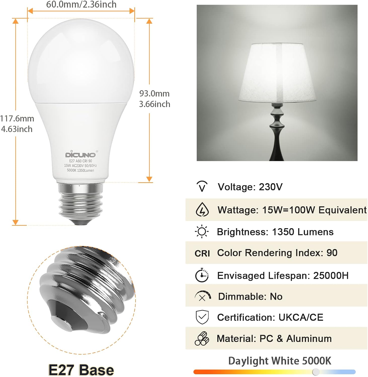 DiCUNO E27 Screw LED Bulb 100 Watts Equivalent, Daylight White 5000K, Large Screw in Light Bulb 15W, 1350 LM, Non-Dimmable - Image 5