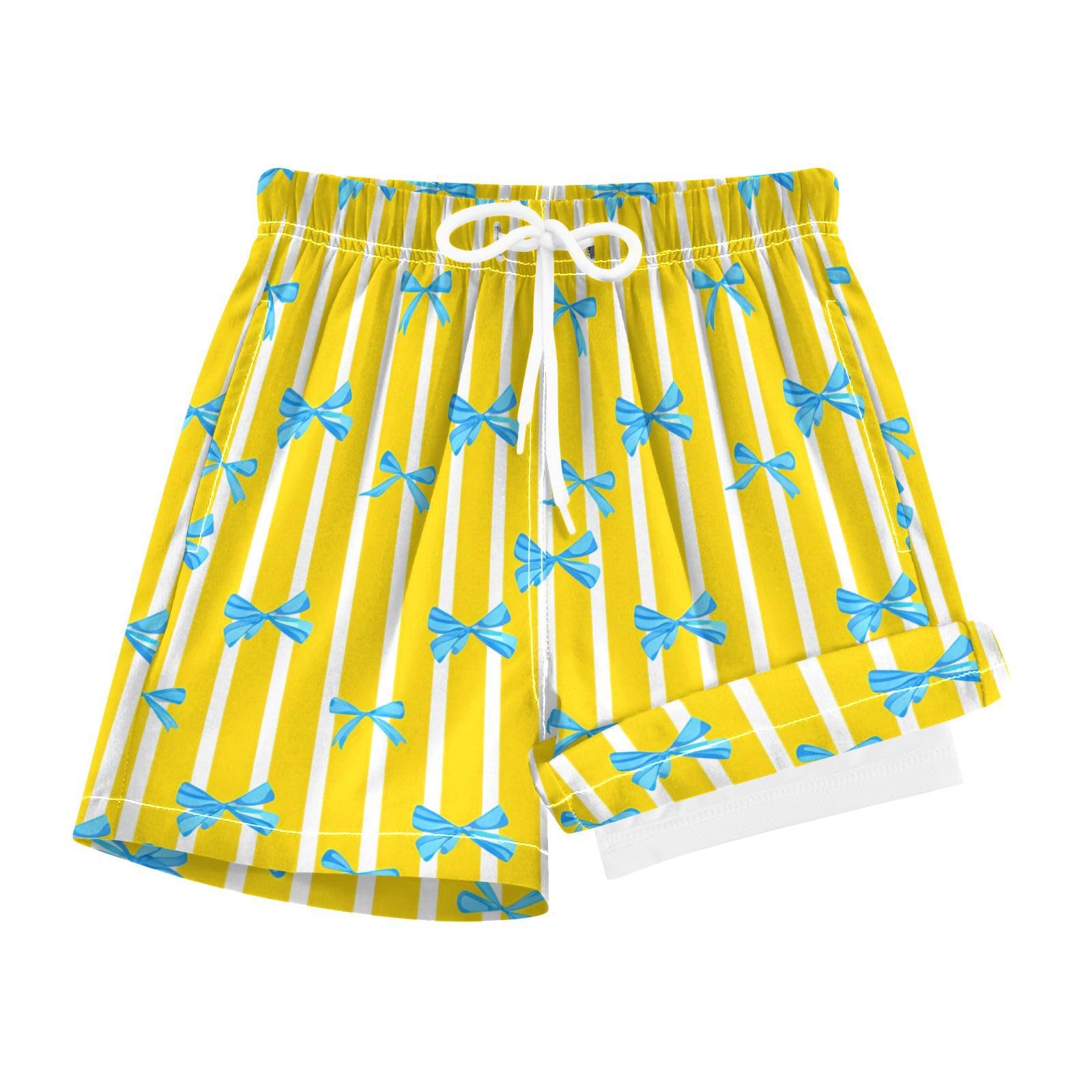 YANENDIE Boy Swim Trunks with Compression Liner Yellow White Bows Boys Swim Shorts Quick Dry Beach Shorts