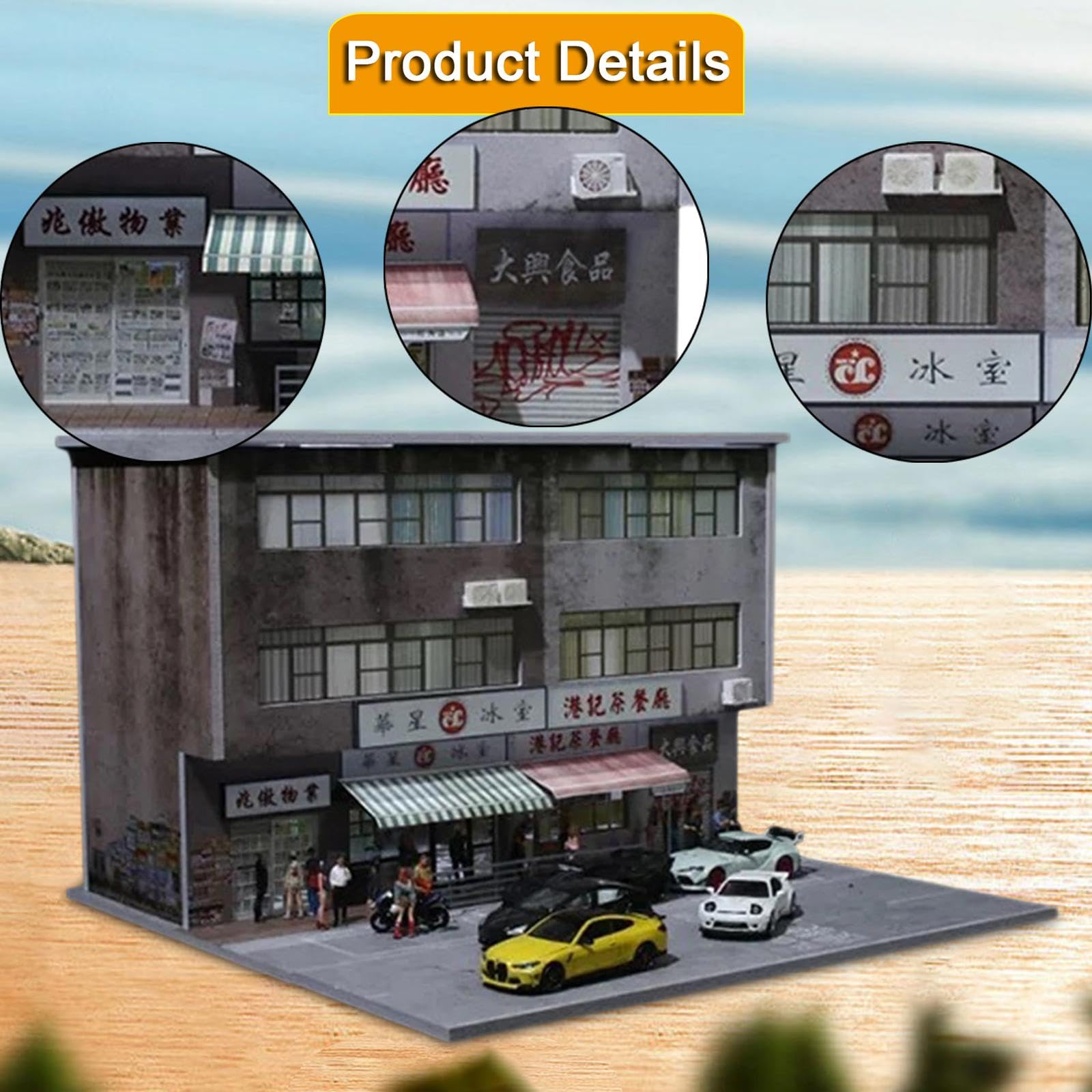 Sharplace 1/64 Diorama Edificio Scena di Strada di Hong con LED Simulazione realistica Display per parcheggio Auto pressofuso per Oggetti da Collezione, Style a