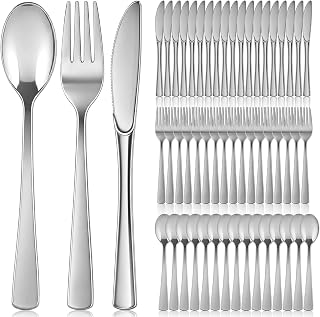 Plastik Besteck Set, 45 Stück Wiederverwendbaren Besteck Set, 15xPlastikgabel 15xPlastikmesser 15xPlastiklöffel Mehrweg Plastikbesteck Sets für Haus Dekoration Hochzeit Weihnachten Geburtstag (Silber)