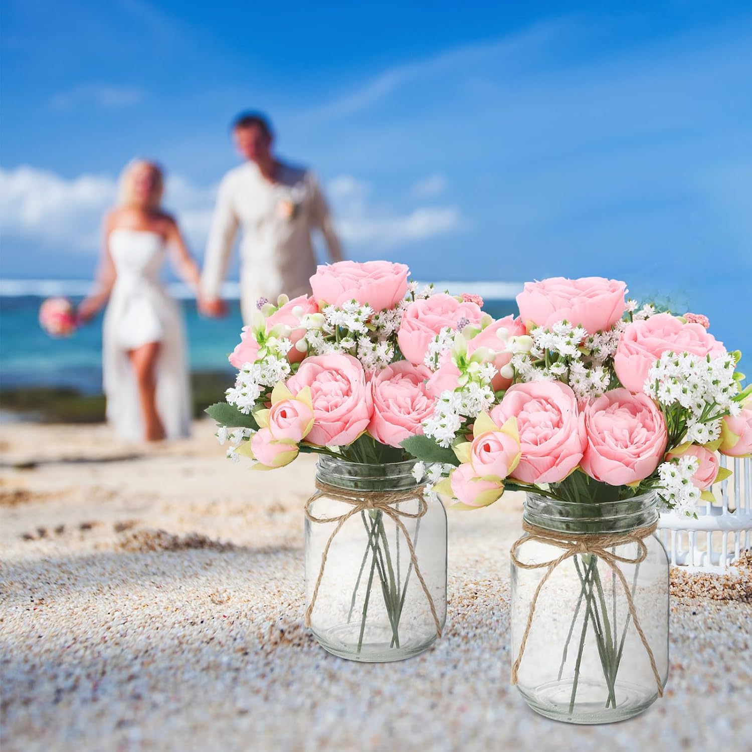 Zeyune 12 Sets Mason Jar Centerpiece Table Decorations, Artificial Peony Baby's Breath Flower Bouquets, Faux Flowers with Vase, Rustic Decor Gifts for Home, Wedding, Holiday (Light Pink)