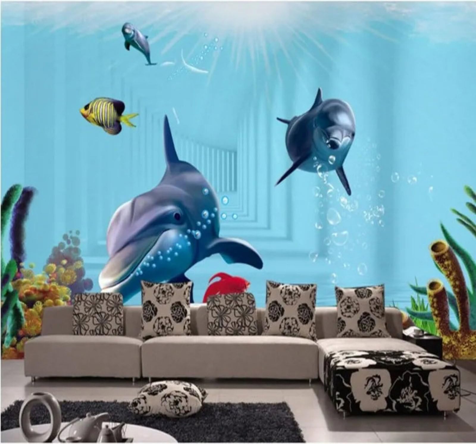 Xlming 400Cm×280Cm(B×H) Fresh Minimalist Blue Underwater World Dolphin 3D Wallpaper Luxury Home Dining Decor Paste Sofa Living Room The Wall For Bedroom Mural-400Cm×280Cm