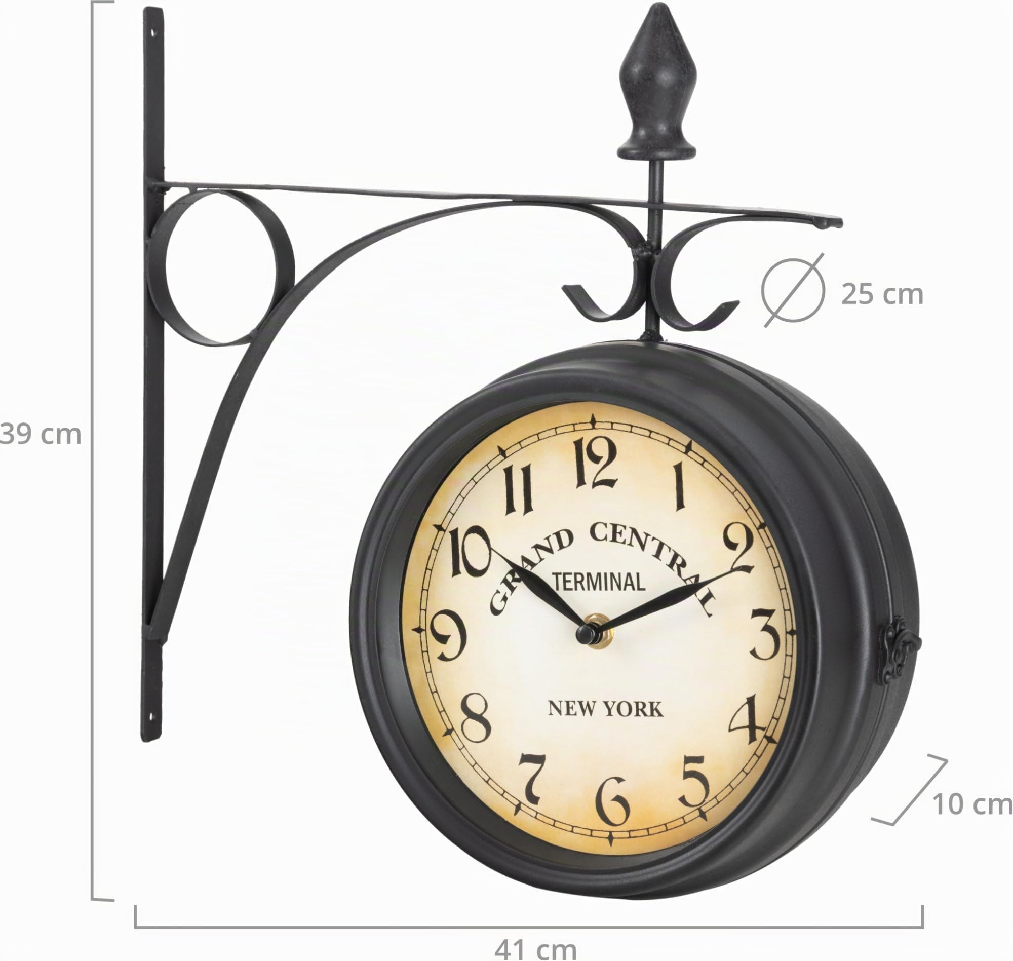 Stagecaptain BHU-4543 BK Reloj de Estación Grande con Soporte de Pared | Reloj de pared con carcasa metálica y soporte de pared integrado, Movimiento de cuarzo a pilas, Diámetro de la esfera: 25 cm