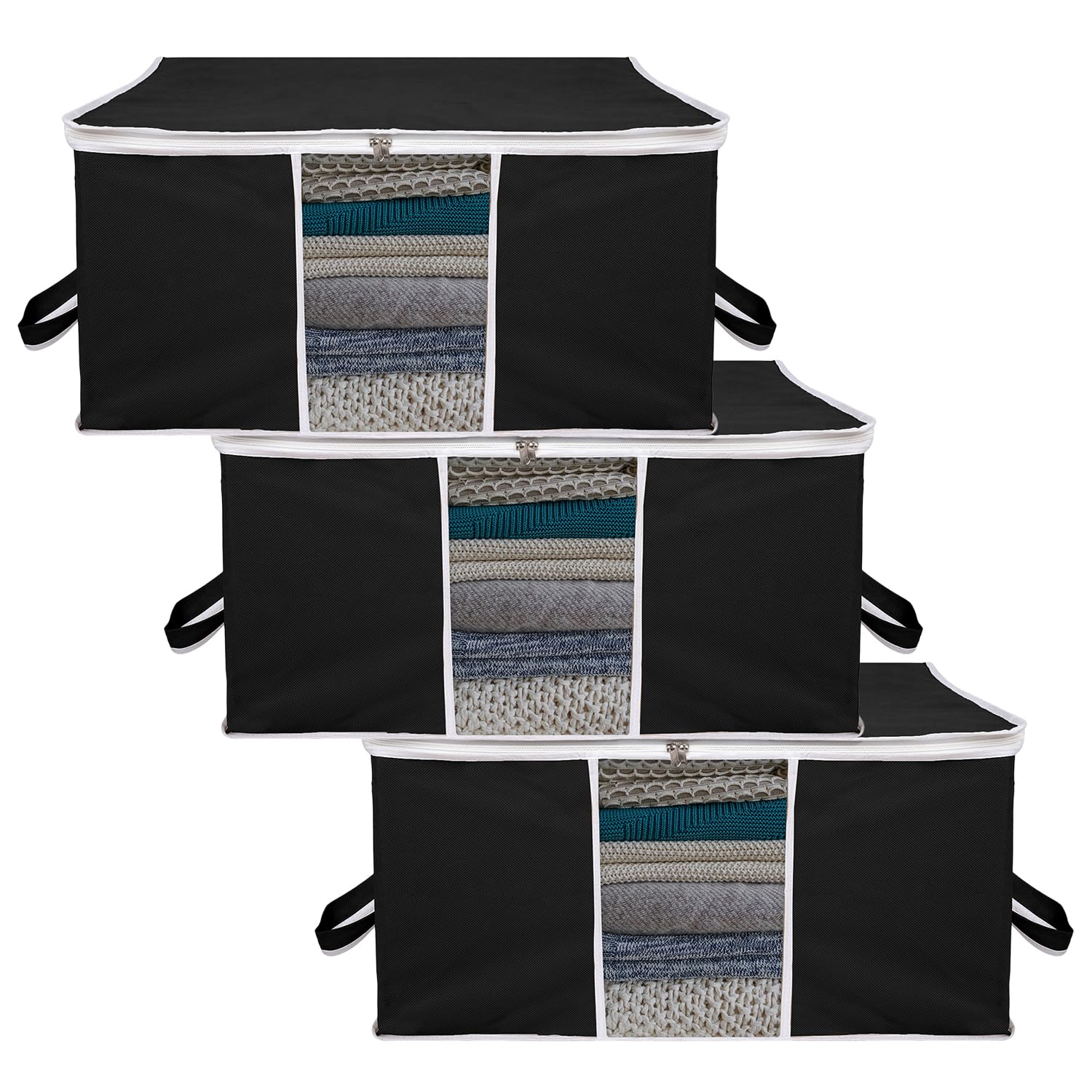 Kuber Industries Non-Woven 3 Piece Under Bed Foldable Organizer|Clothing Storage Bags|Blanket, Quilt, Comforter Cover (Black)