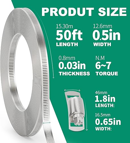 Miniatura 2 de Abrazaderas de manguera de 50 pies, kit surtido de abrazaderas de manguera de acero inoxidable 304, correas de metal con agujeros + 20 sujetadores,