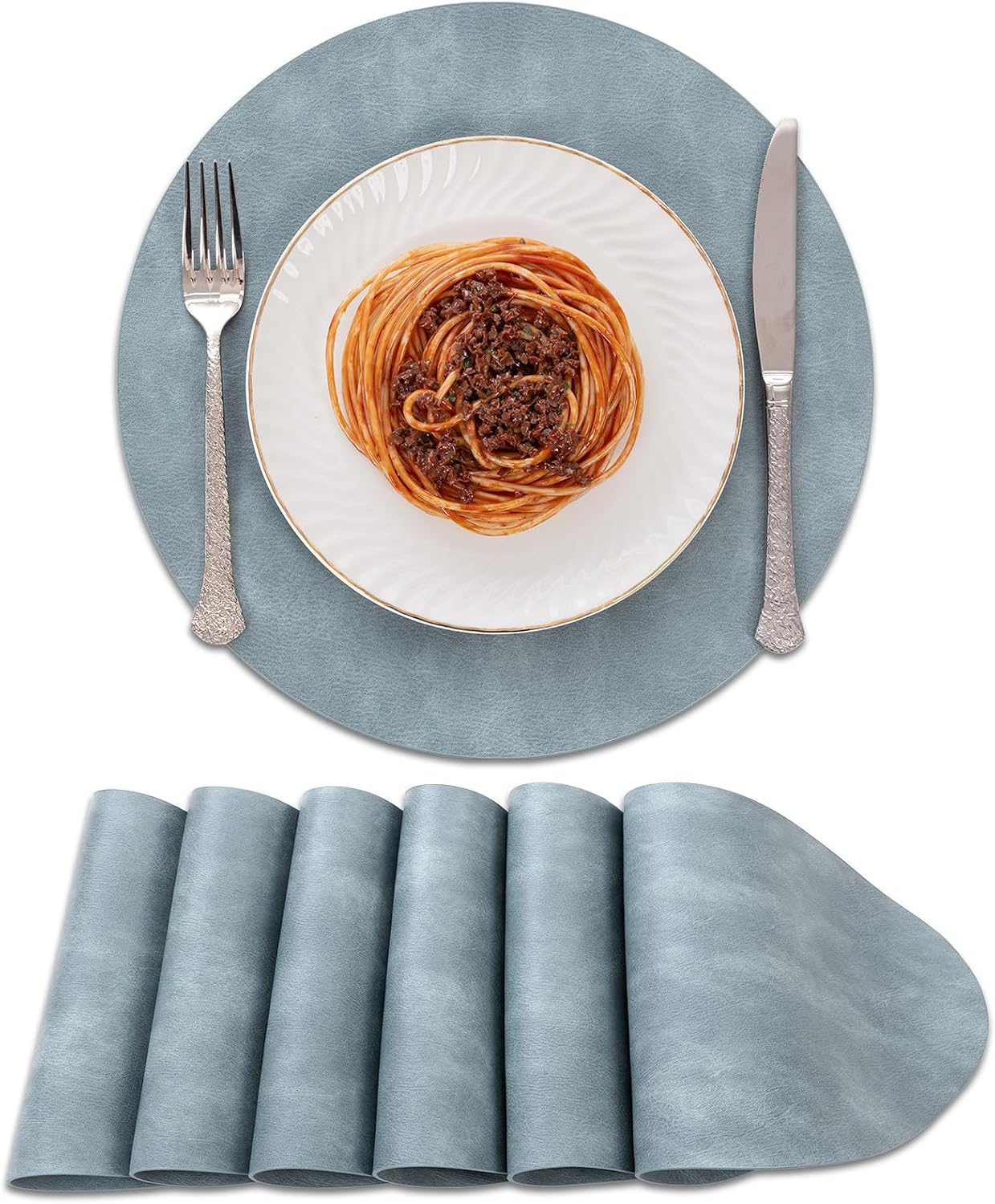 SHACOS 13" Round Placemats Set of 6 Faux Cowhide Leather Waterproof Heat Resistant Washable Wipeable Place Mats Solid Table Mats for Kitchen Dining Room Decor, Dusty Blue