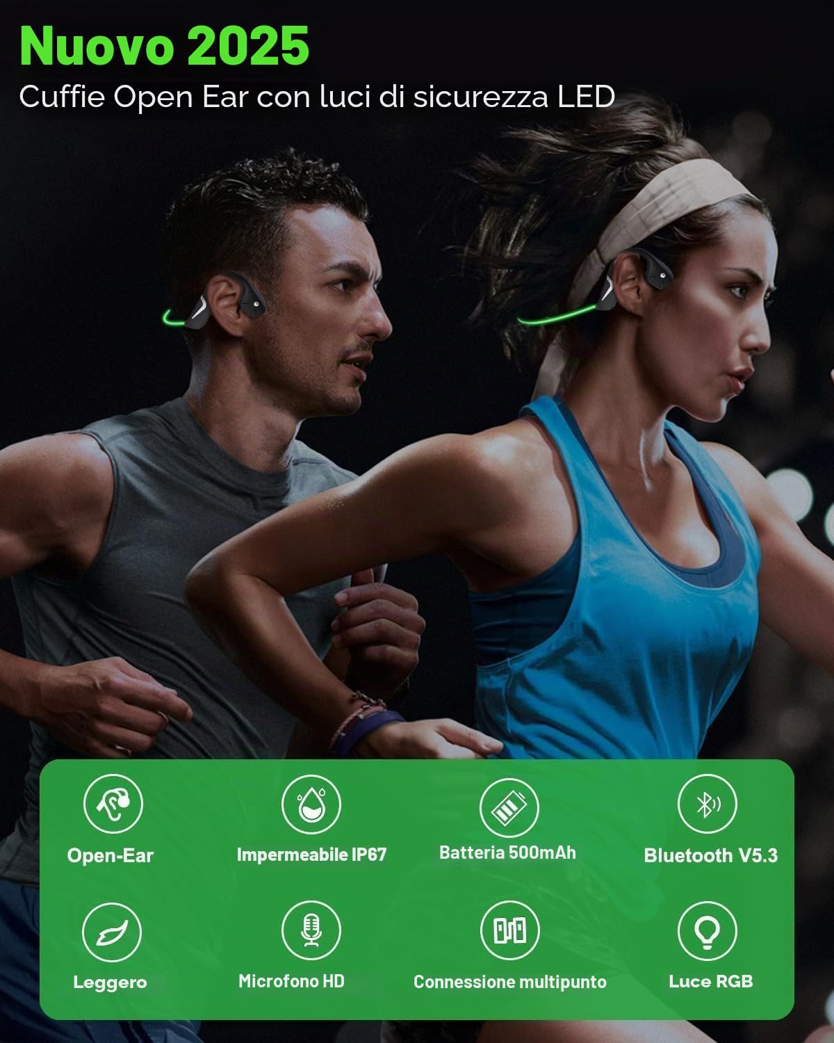 MONODEAL Cuffie conduzione ossea, Open Ear Auricolari Bluetooth 5.3 verdi con luce intelligente, 20 ore di autonomia, IPX7 resistenti al sudore, ideali per corsa e ciclismo