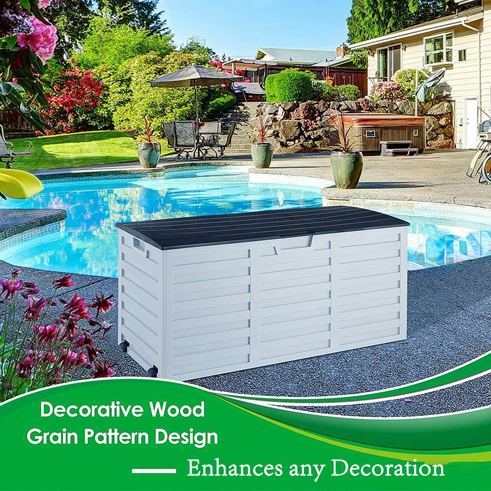 Lar - Scatola da giardino impermeabile, chiudibile, per attrezzi da giardino, spaziosa (bianco, 112,6 x 48,8 x 53,2 cm)