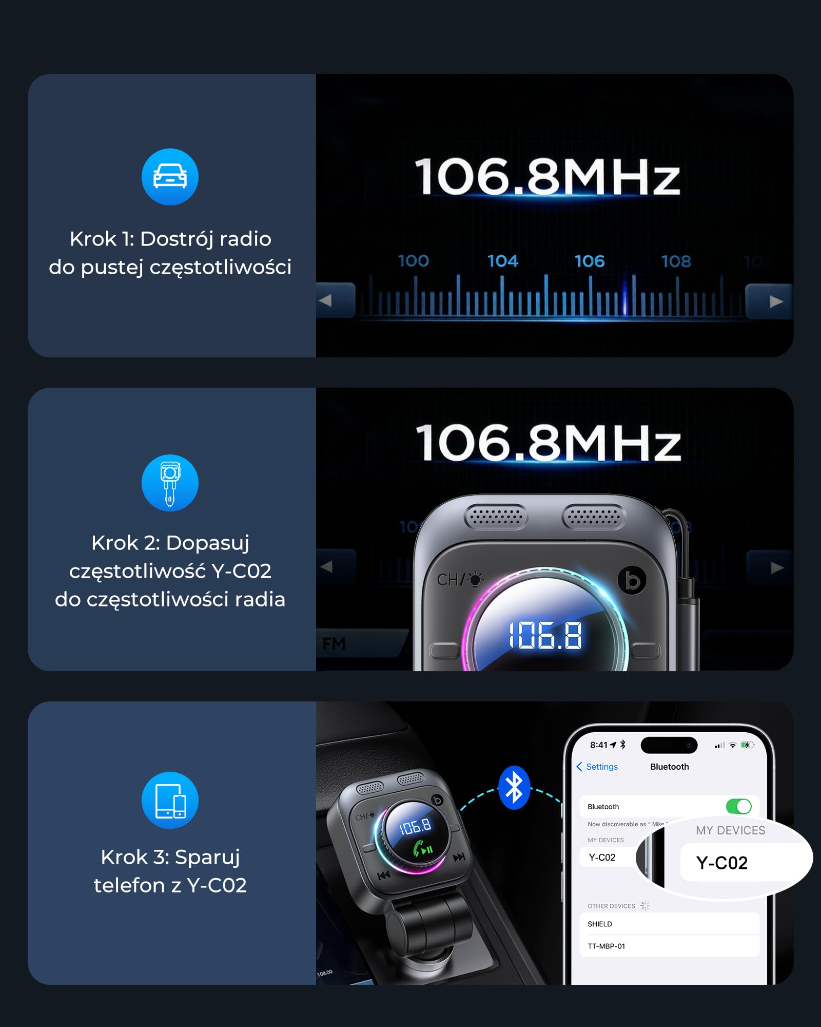 LENCENT Samochodowy nadajnik FM 72 W, Bluetooth 5.4, adapter Bluetooth | z wyciąganym kablem do ładowania, zapalniczka z gniazdem USB-C, basem i zestawem głośnomówiącym, muzyczny, obracany o 180
