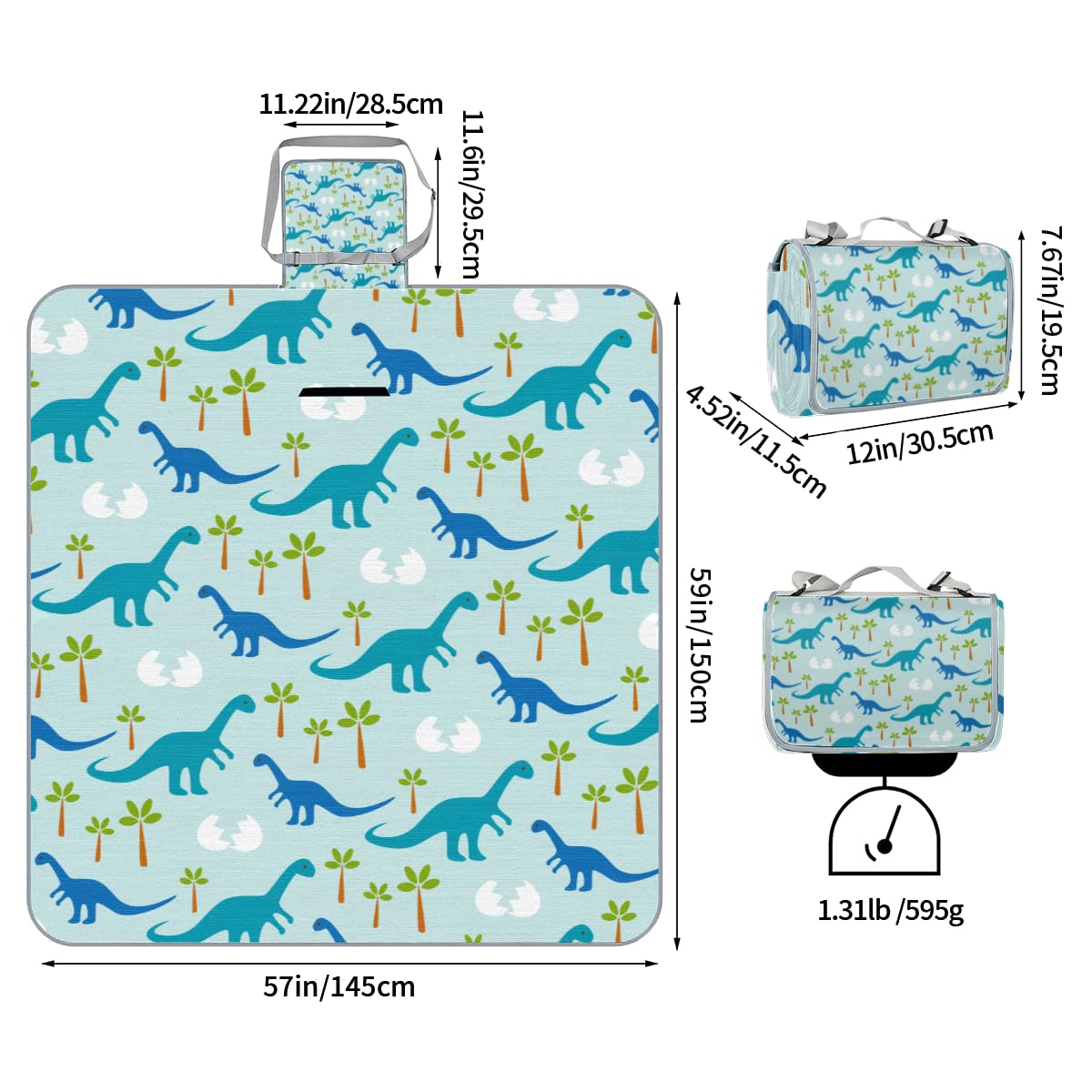 Shimoshe Picnic Blankets 57”x 59”, Dinosaur Tree Waterproof Sandproof Picnic Mat Lightweight Foldable Beach Blanket for Camping Park Grass Beach Outdoor Blanket