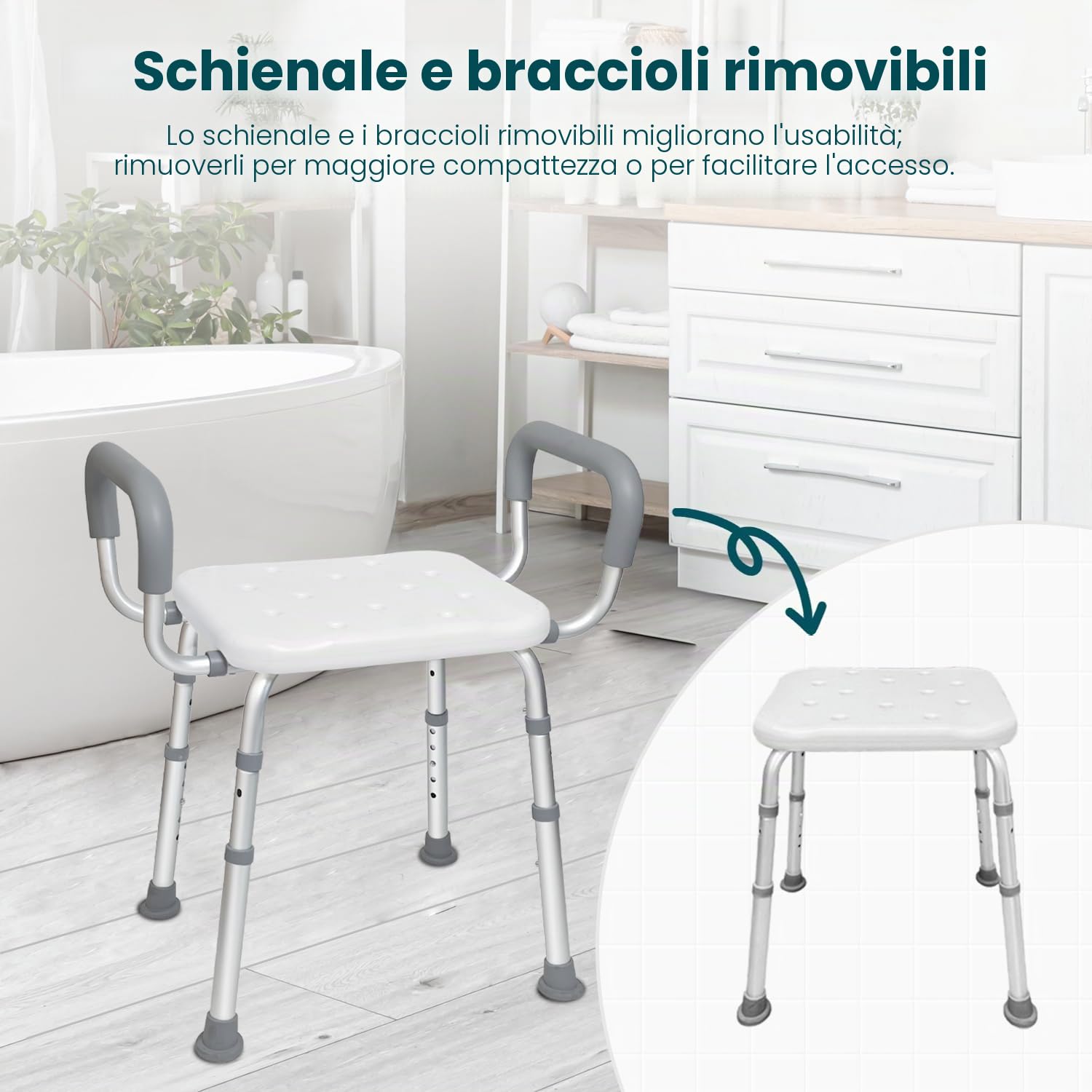 Sedia da Doccia Regolabile con Braccioli Rimovibili per Anziani | Portata fino a 159 kg, struttura robusta e piedini antiscivolo; adatta a vasche e persone disabili o con mobilità ridotta.