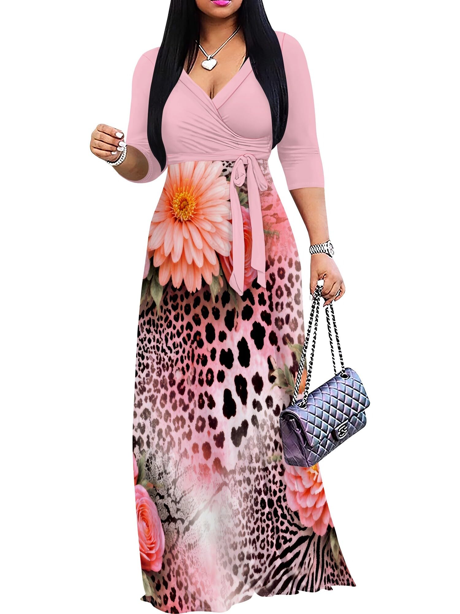 PinkPatty Women's Plus Size V Neck 3/4 Sleeve Boho Maxi Dress with Pockets