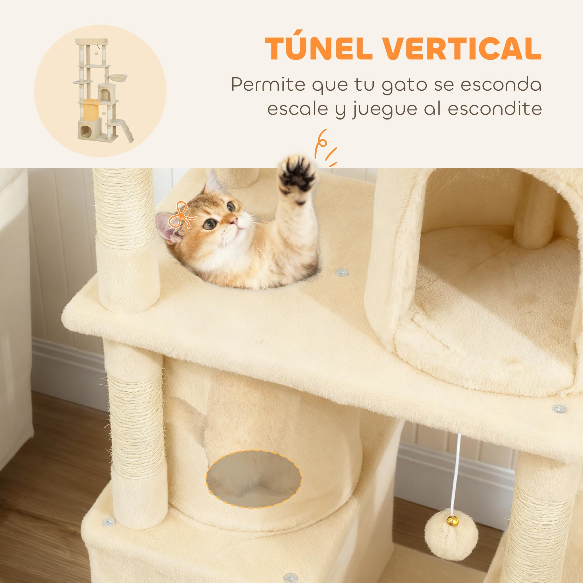 PawHut Árbol Rascador para Gatos Grande Torre de Escalada 170 cm Beige | Árbol para Gatos, 7 Postes, 1 Túnel, 3 Plataformas, 2 Cuevas, 1 Hamaca, 1 Percha, 1 Rampa, Pompones