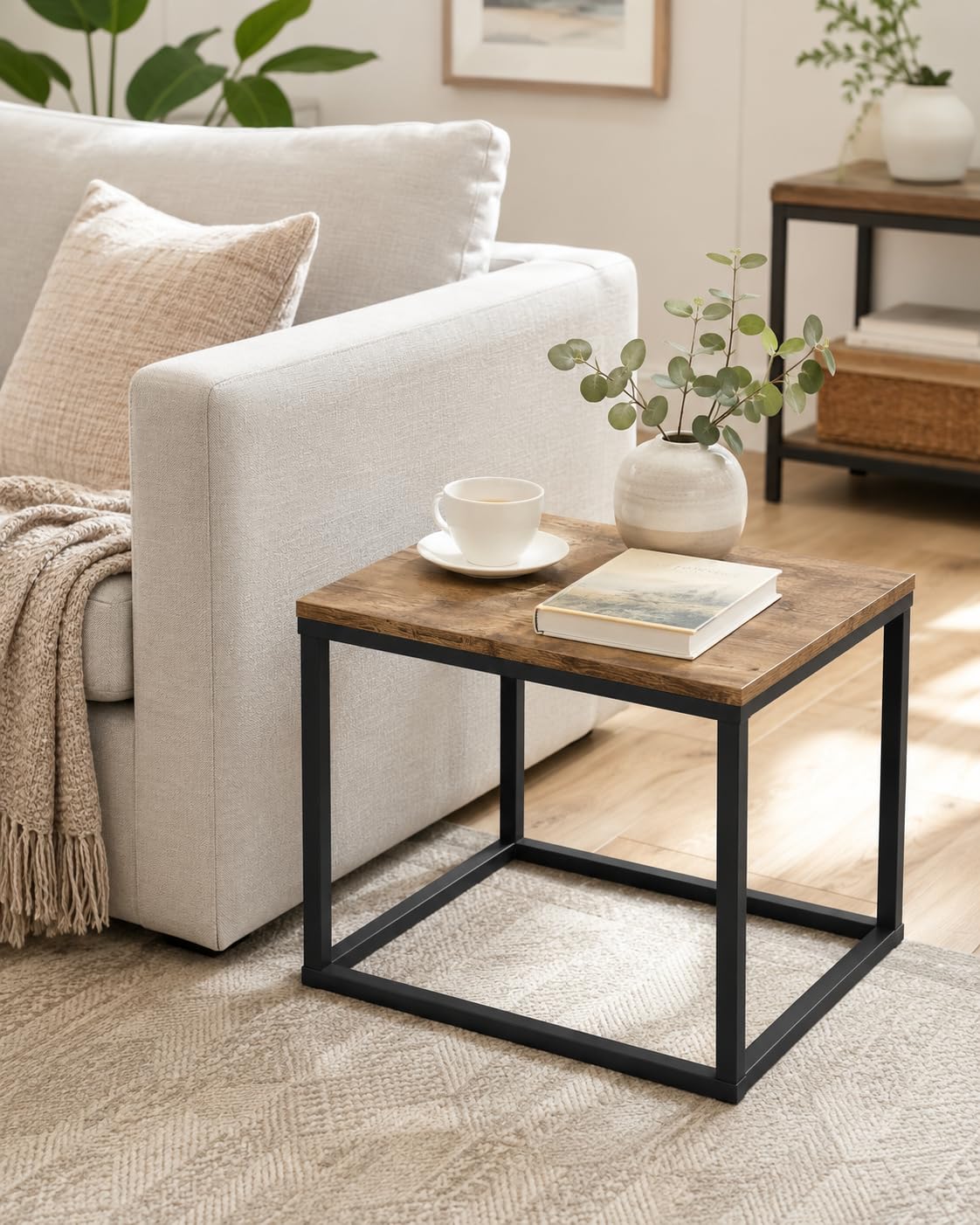 Mesa de Centro Madera Cuadrada Nido Set de 2 Mesas Auxiliares Salón Mesa Centro Pequeña Mesita de Centro Efecto Roble Negro con Marco Metálico para Salón Dormitorio Oficina