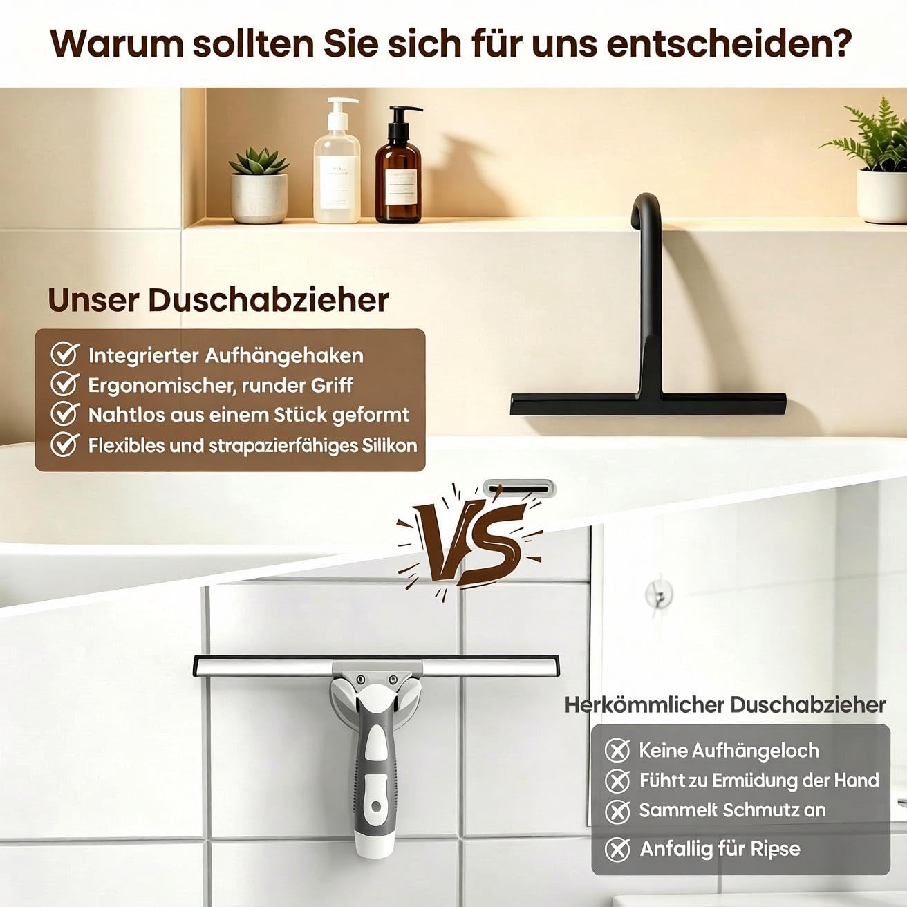 Duschabzieher Silikon mit Haken, Streifenfreies Abziehen ohne Quietschen | 25cm Abzieher Dusche Schwarz für Duschabtrennungen, Wände, Spiegel, Fenster und Autoscheiben, Rutschfester Griff