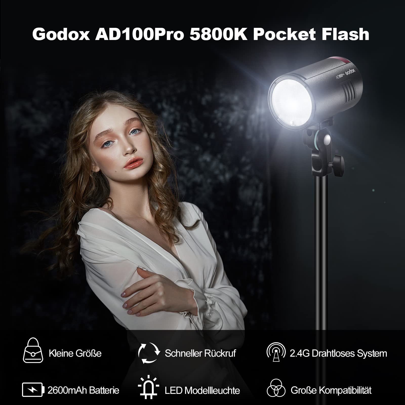 Godox Flash AD100Pro Kit Strobe Light Photography, 100Ws 2.4G Wireless HSS 1/8000s Outdoor Flash Light,2600mAh Batterie 0.01-1.5s Recycling,360 Full Power Flashesg TTL/M Funktionen mit AK-R1(Schwarz)